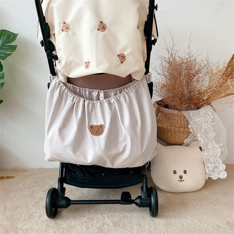 Baby Stroller Organizer Bag, White Waterproof Nylon Storage Pouch with Cute Bear Design, Universal Hanging Diaper Caddy