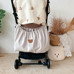 Baby Stroller Organizer Bag, White Waterproof Nylon Storage Pouch with Cute Bear Design, Universal Hanging Diaper Caddy