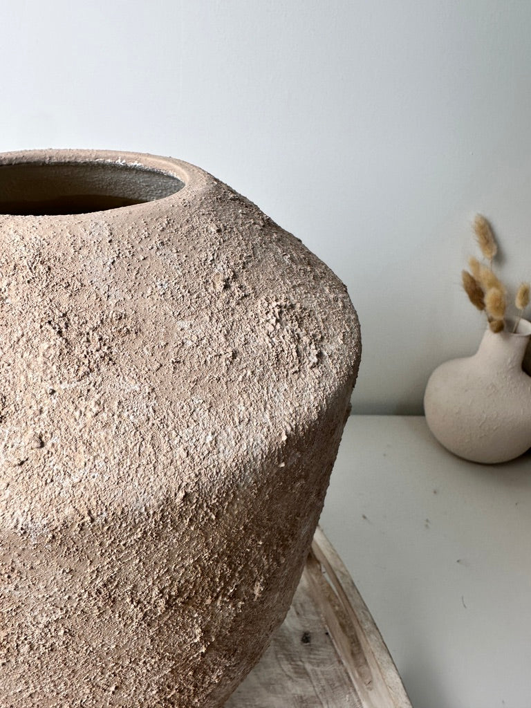 Rustic Minimalist Textured Hand-Painted Ceramic Vase 12" - Light Beige Wash