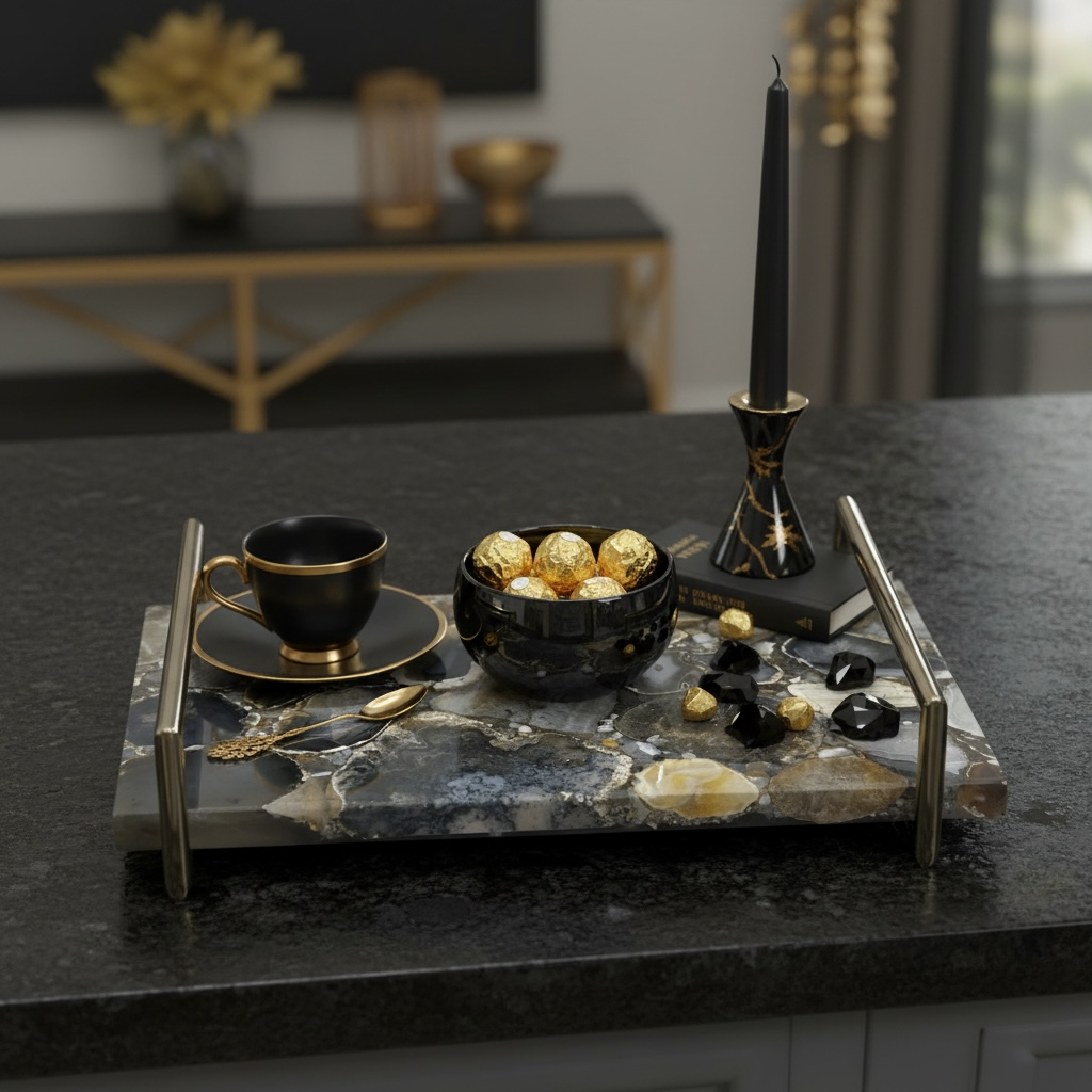 Gemstone mosaic style tray with Gold handle