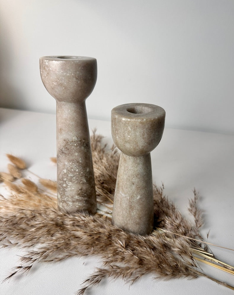 Set of 2 Marble Candle Holders (6x2x2" 8x2x2")  - Beige Brown