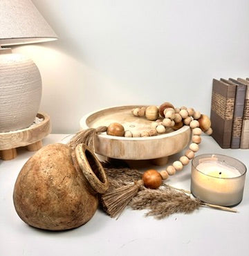 Set of 3 Decorative Accent Boho Mediterranean Style, Organic and Rustic Centerpiece Setting (Vase, Paulownia Tray and Natural Wood Bead Garland)