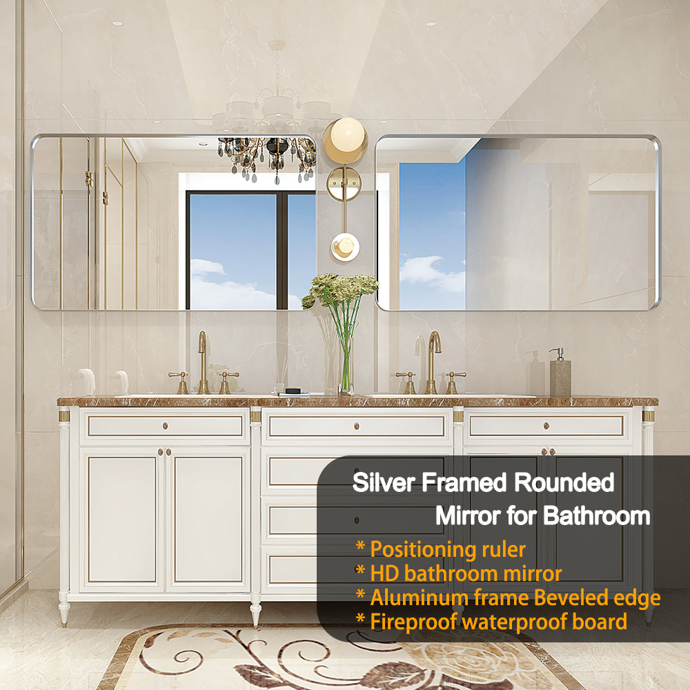 Glossy Brushed Silver Rounded Corner Rectangle Wall Mirror 36x30inch  (Horizontal & Vertical)