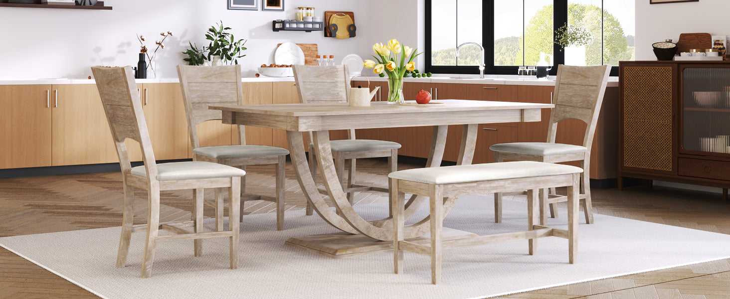Modern Style 6-Piece Wood Half Round Dining Table Set with Long Bench and 4 Dining Chairs - Natural