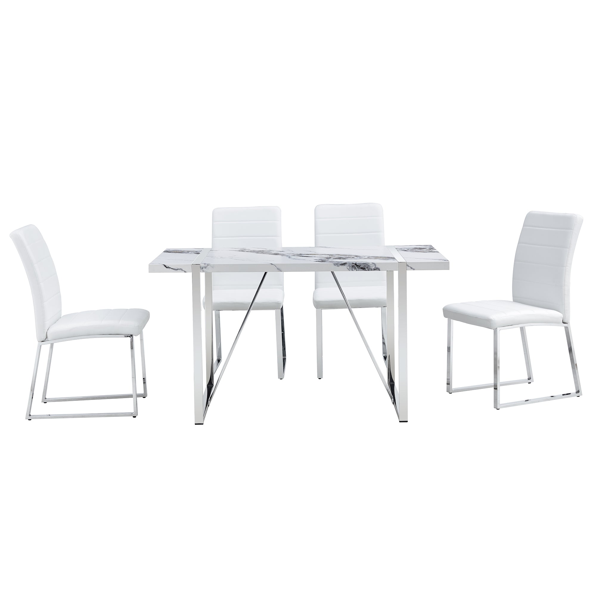 Dining Table Chairs Set for 4, Rectangular Dining Room Table Set, Faux Marble Modern Dining Table & Leather Chairs for Kitchen Dining Room, White