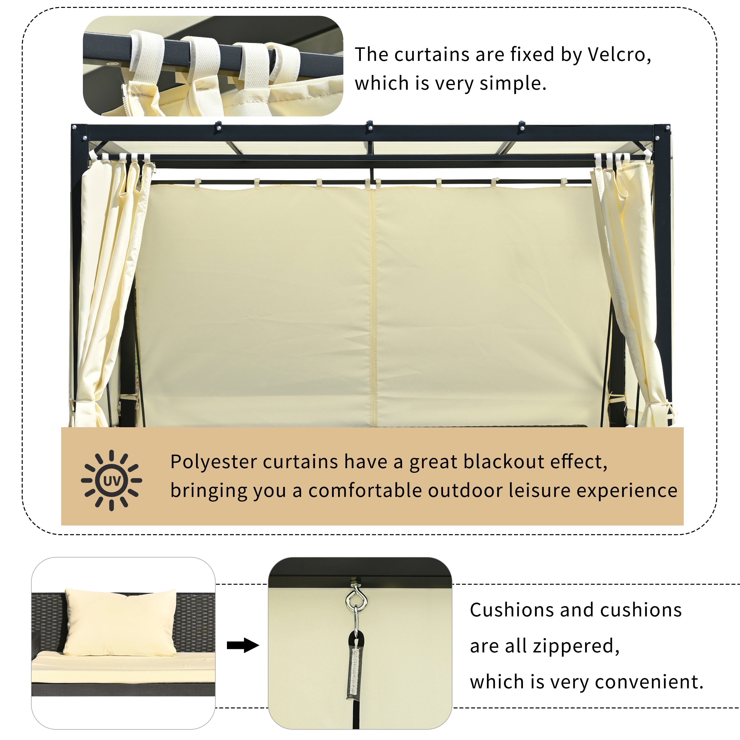 Outdoor Swing Bed for 2-3 People, Adjustable Curtains - Beige