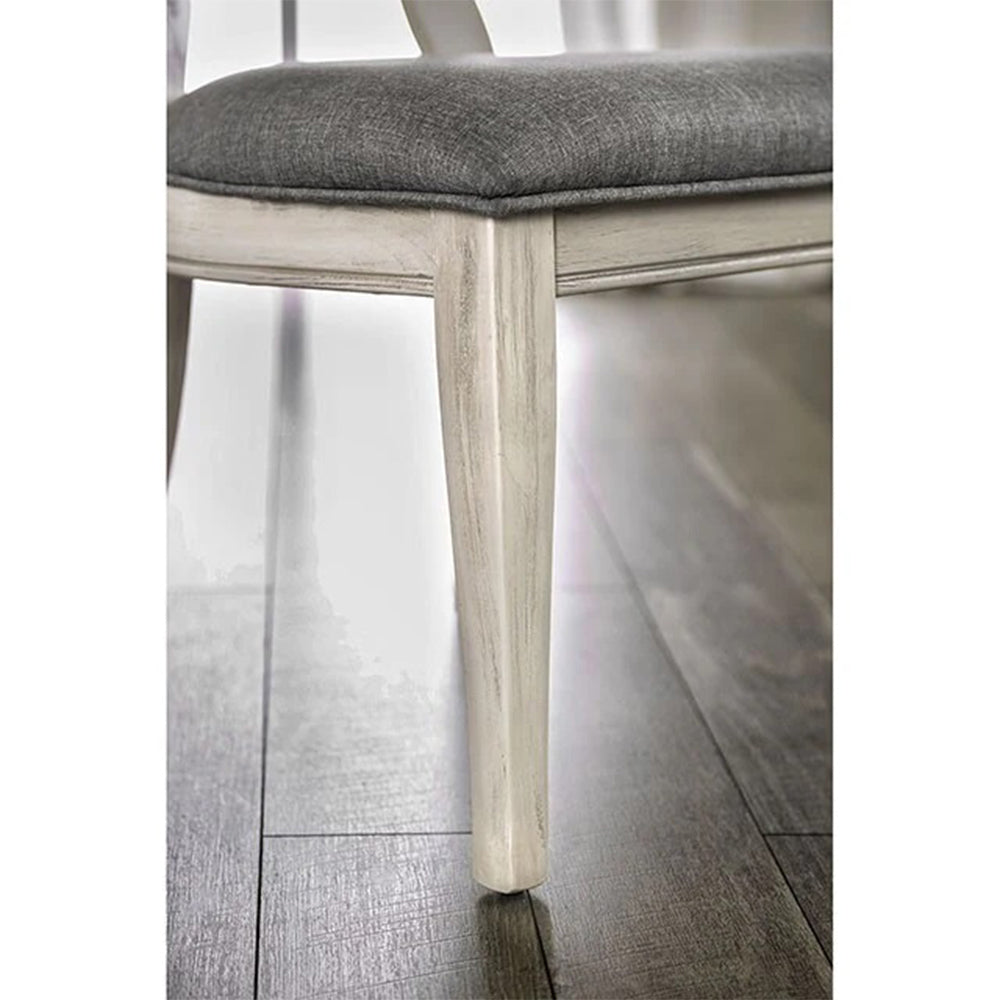 Set of 2 Padded Gray Fabric Dining Chairs in Antique White Finish