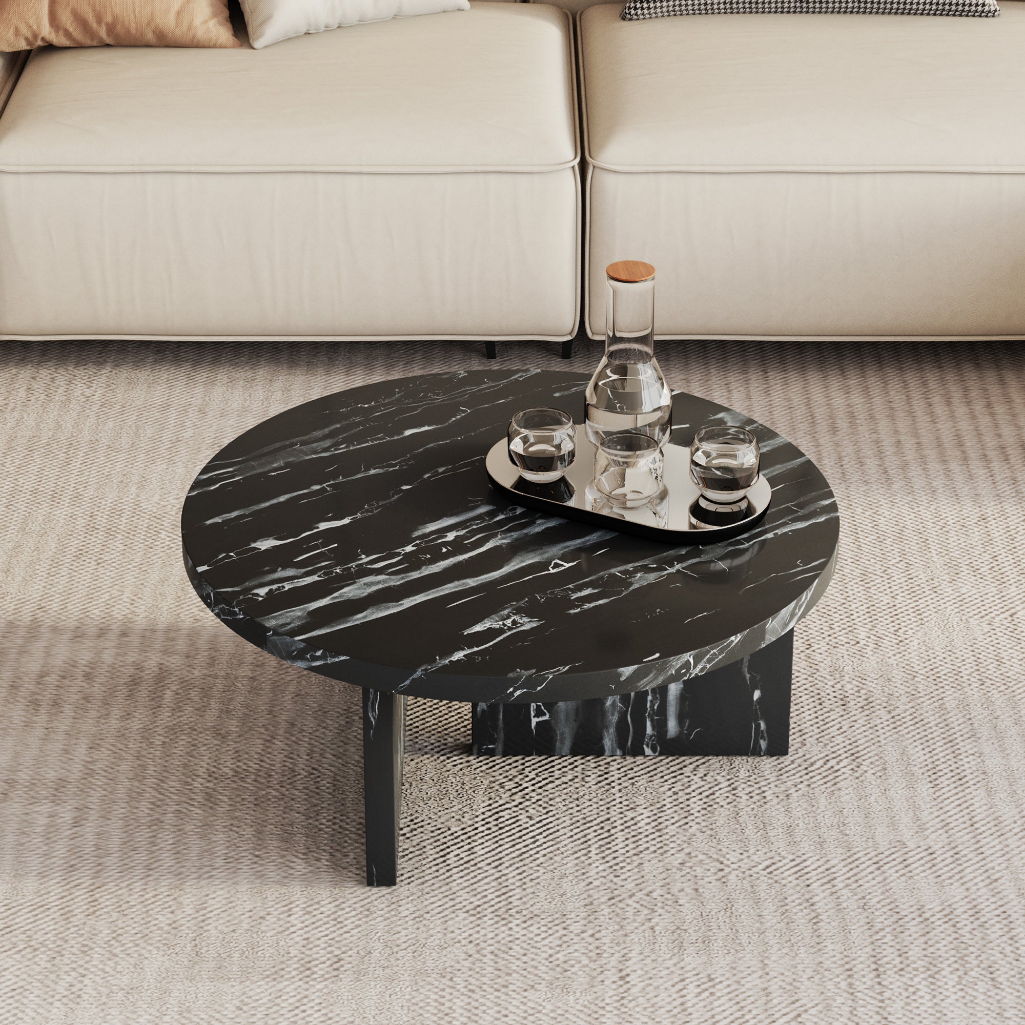 Modern Circular Coffee Table with Texture - Black