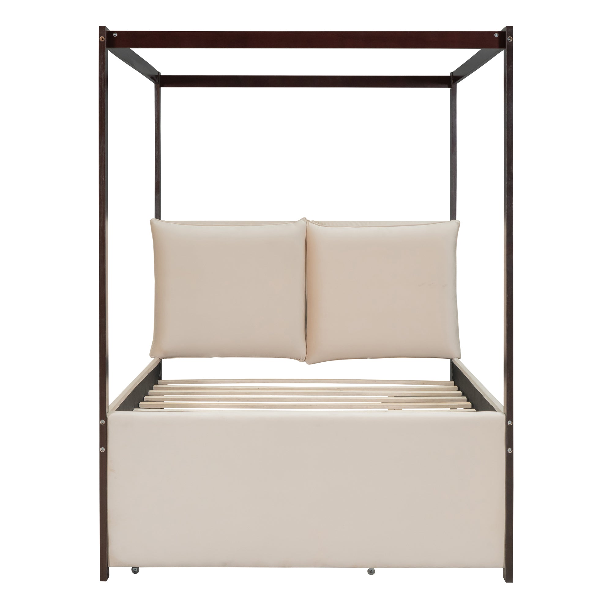 Full Size Upholstered  Canopy Bed with Trundle and 3 Drawers - Beige