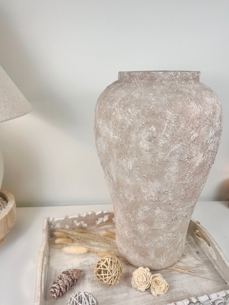 Minimalist Rustic Vase 19.5" tall Textured Hand-painted Ceramic  - Beige washed