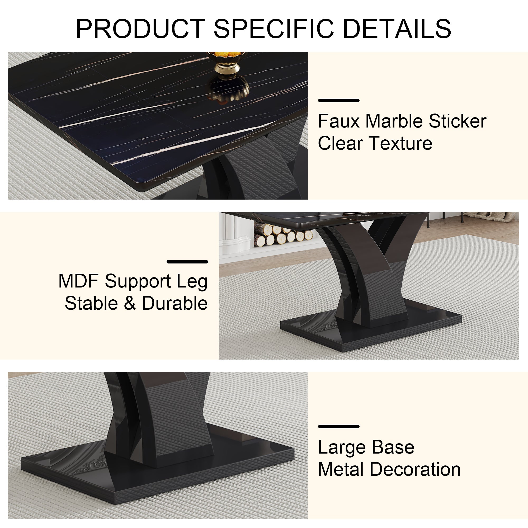 Modern Dining Table, Black Desktop and Black MDF Leg