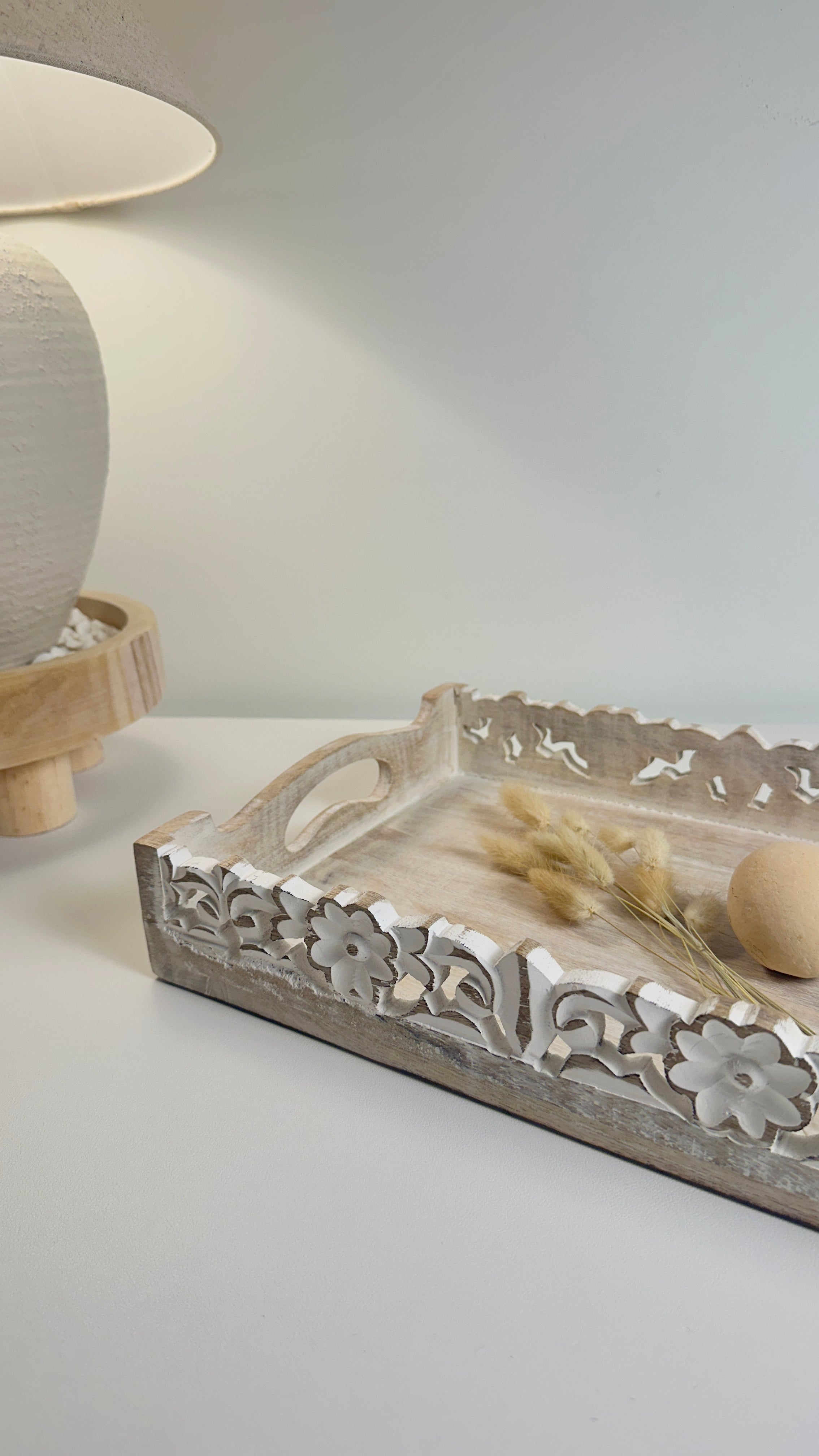 Boho Handmade Decorative Serving Wooden Tray Whitewashed