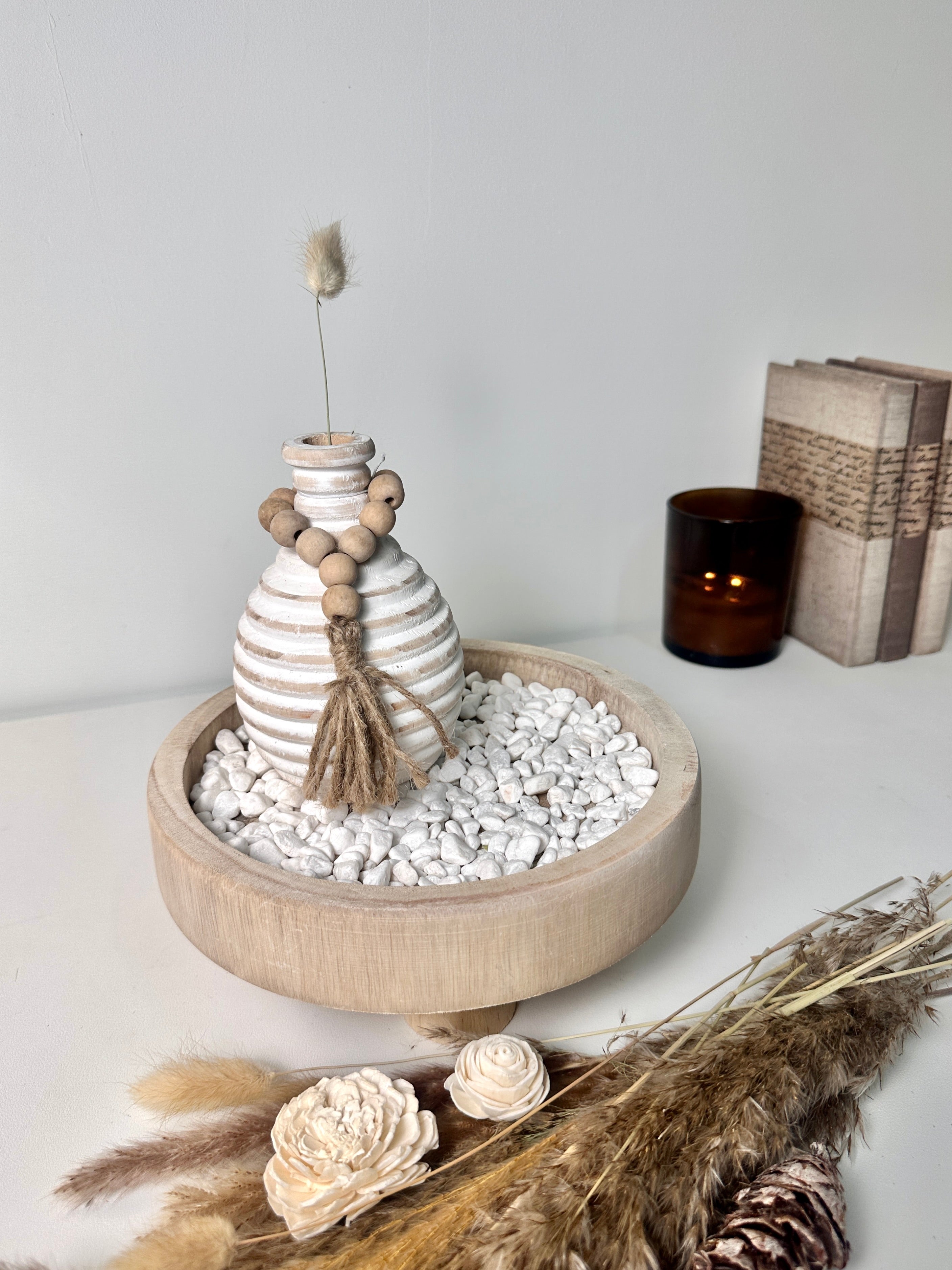Set of 3 Home Decorative Round Wood Tray, Small Boho Style Vase, White Rocks