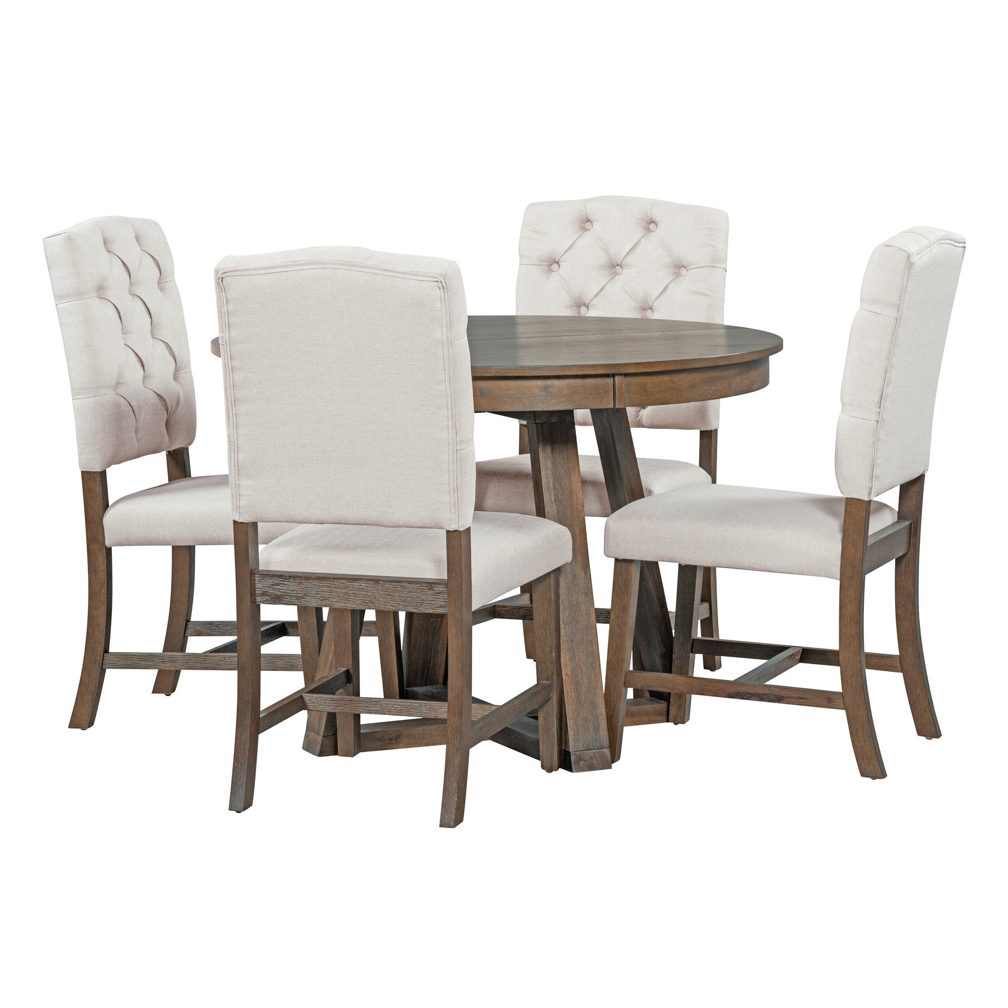5-Piece Retro Functional Dining Set, Round Table with a 16"W Leaf and 4 Upholstered Chairs - Walnut