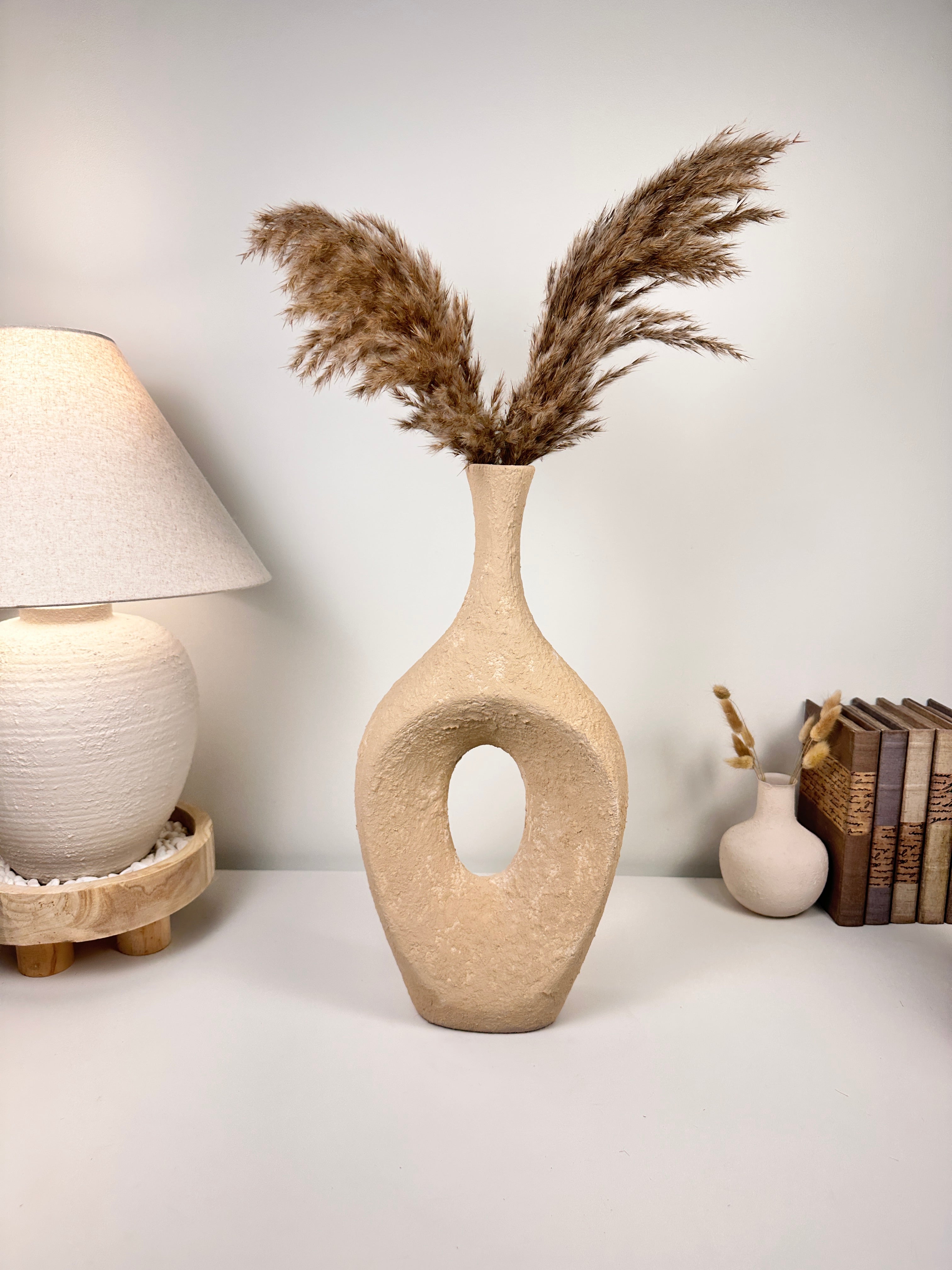 Art piece metal vase hand-painted and textured beige color 18.5’’ tall