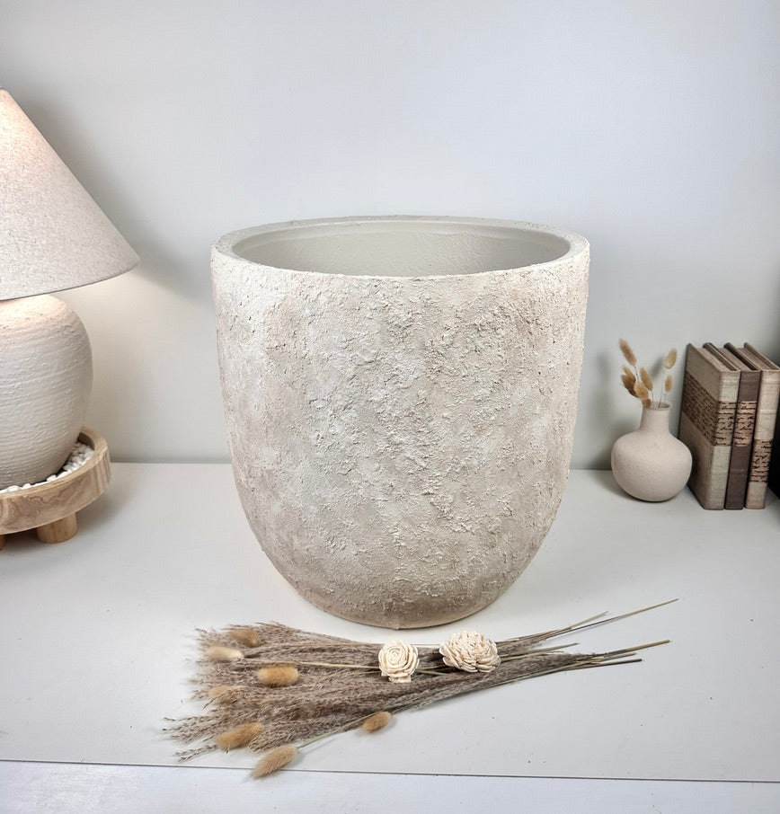 17" tall Minimalist Hand-Painted & Textured Planter Pot with Drainage Hole one time creation - cream sand wash