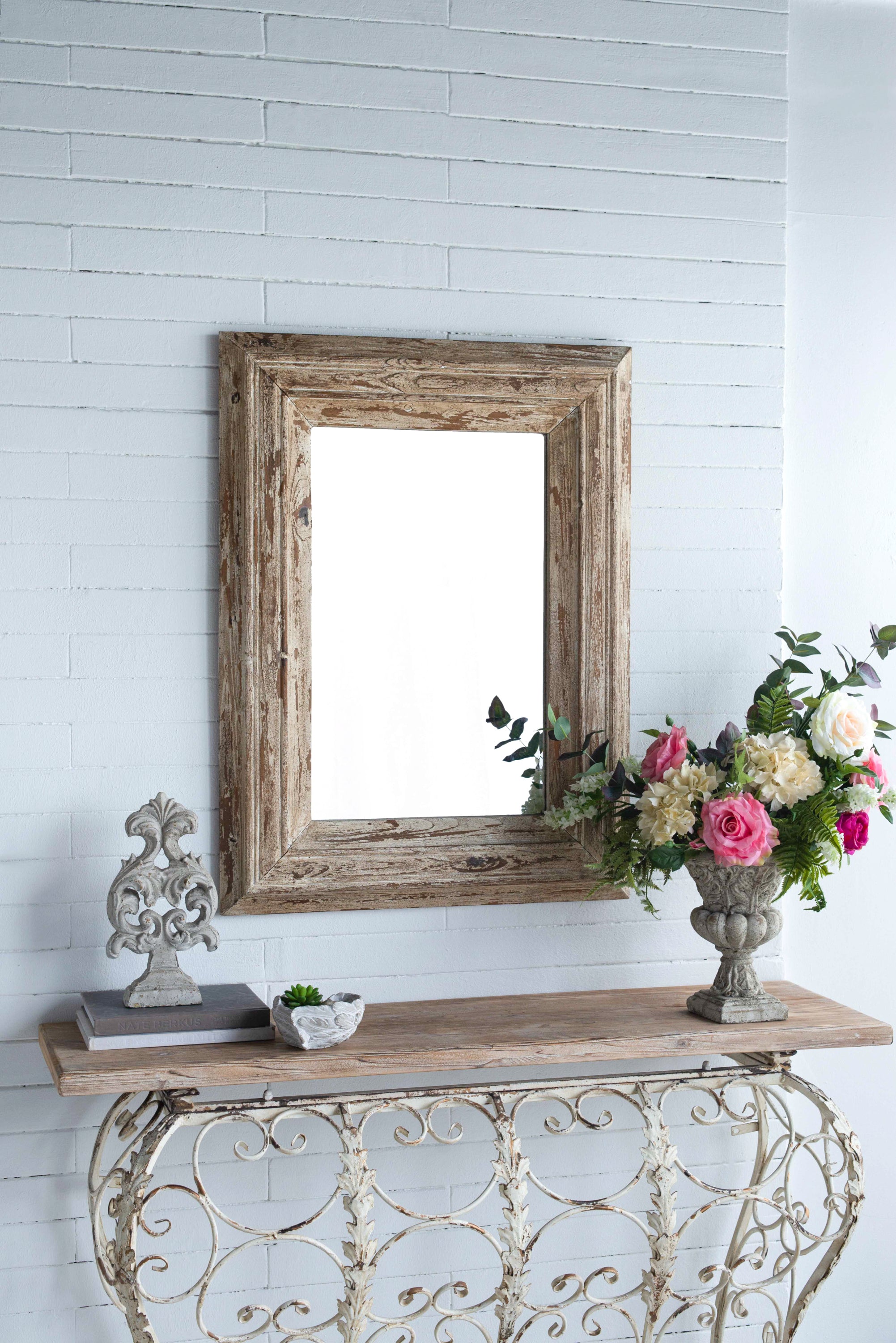 Rectangle Wall Accent Mirror with Distressed Wood Frame 30x2x39"
