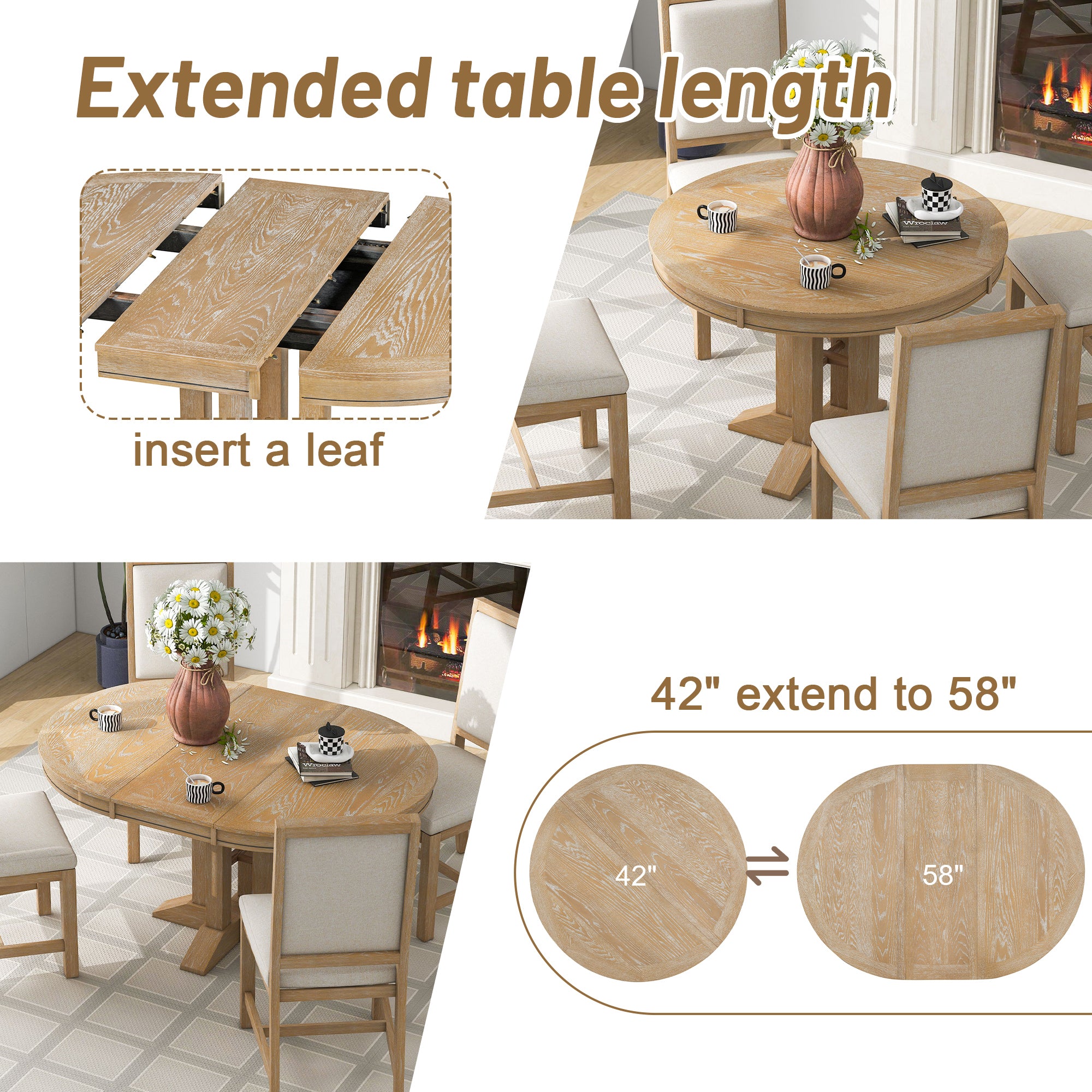 5-Piece Dining Set Extendable Round Table and 4 Chairs Farmhouse Dining Set - Natural Wood Wash