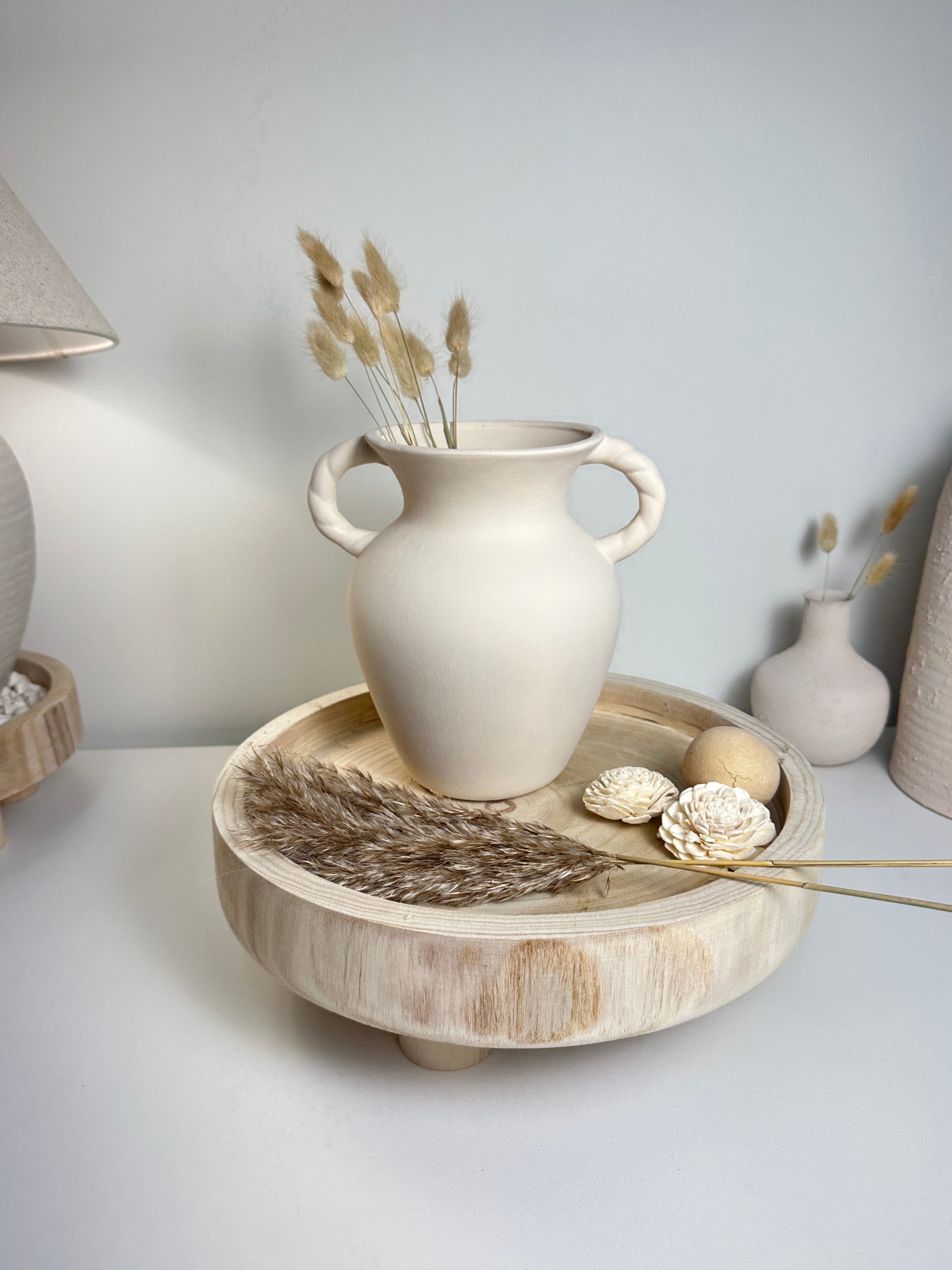 Minimalist Hand-Painted Ceramic Textured Vase 9" - Cream White