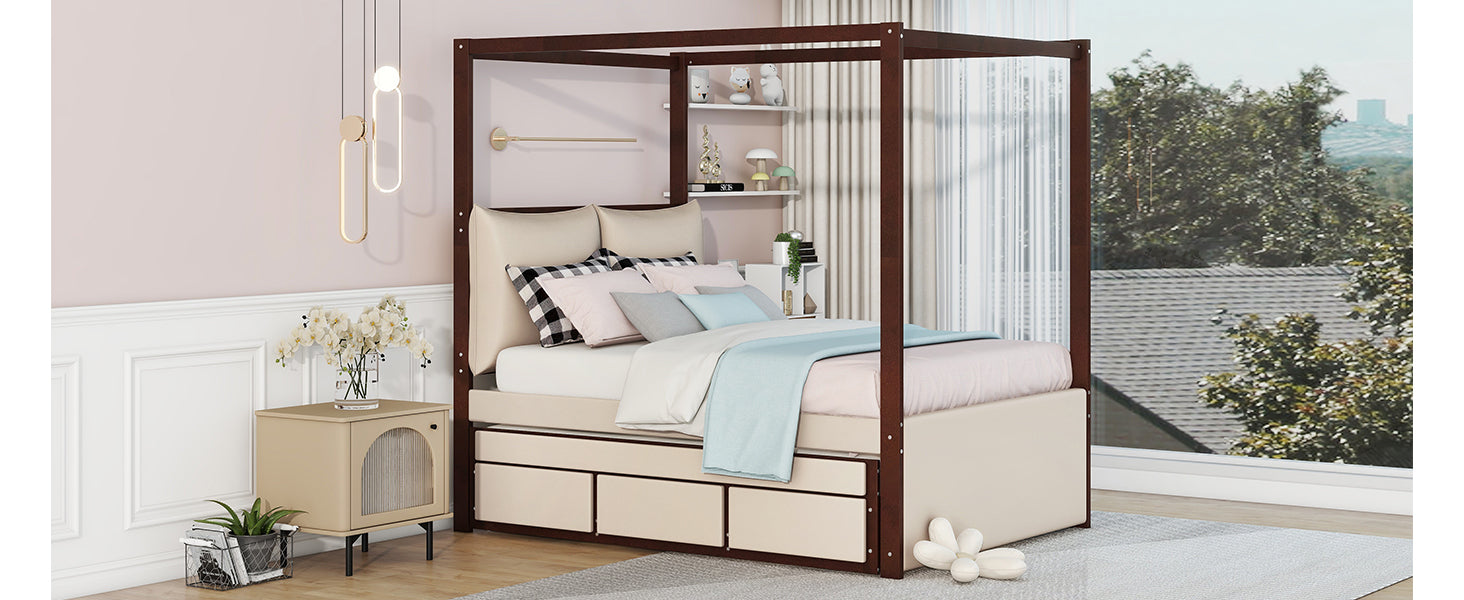 Full Size Upholstered  Canopy Bed with Trundle and 3 Drawers - Beige