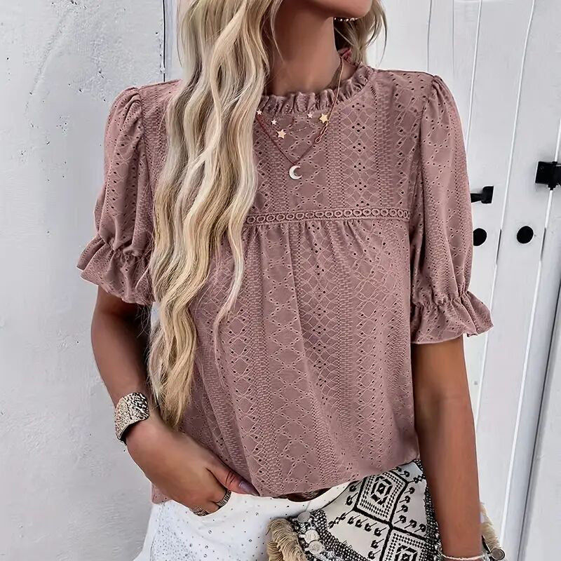 Women's Elegant Ruffle Detail Blouse Short Sleeve Round Neck Top