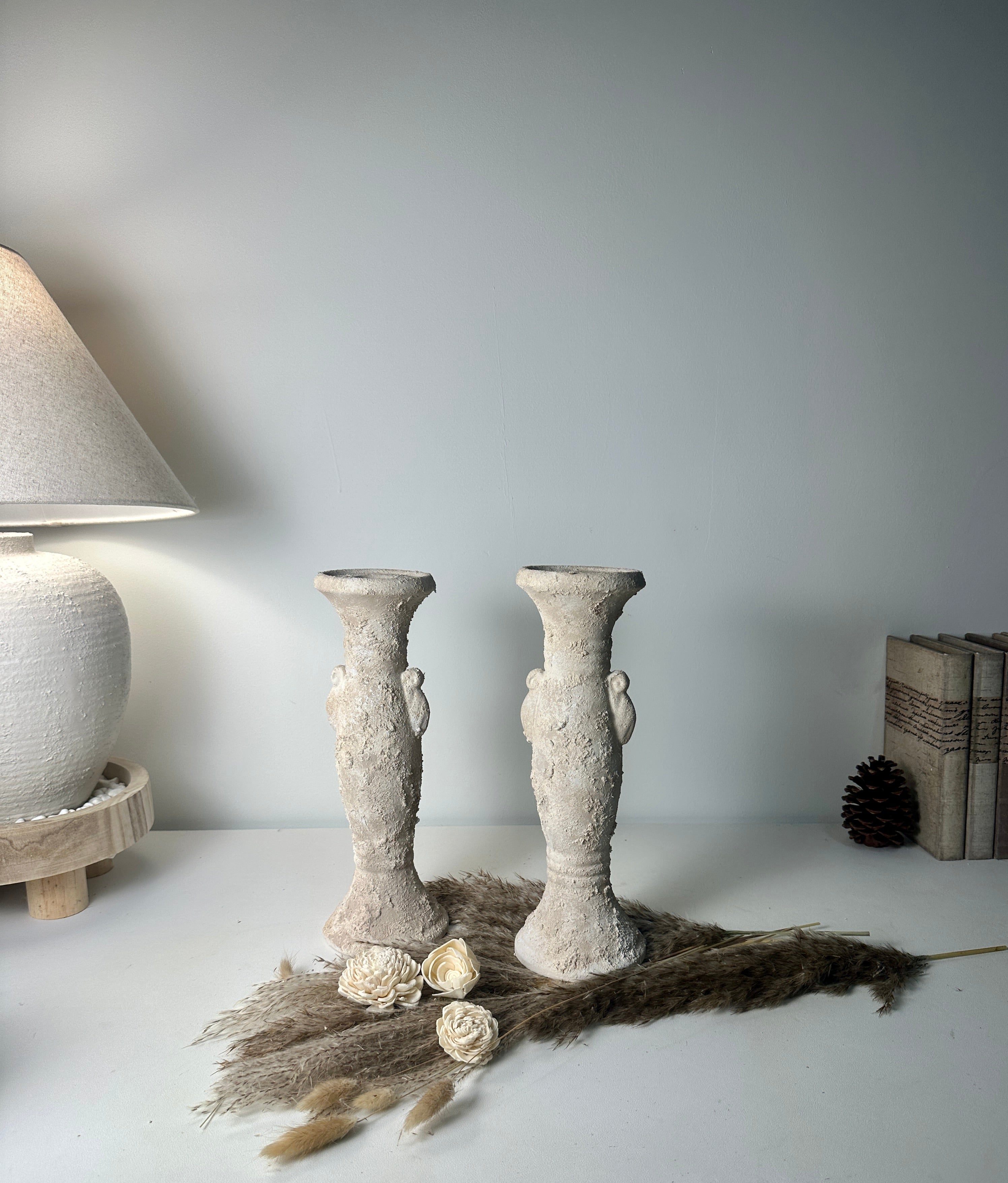 Set of 2 candlestick tray holders hand-painted and textured minimalist roman style 12" tall - Cream Sand wash