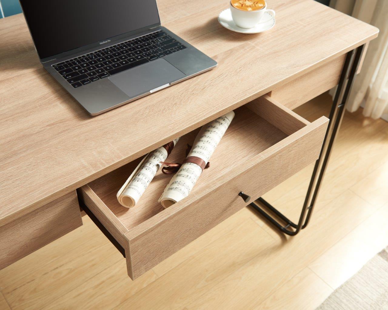 Computer Writing Desk with One Drawer Metal Legs and USB Outlet Port – Light Brown & Black