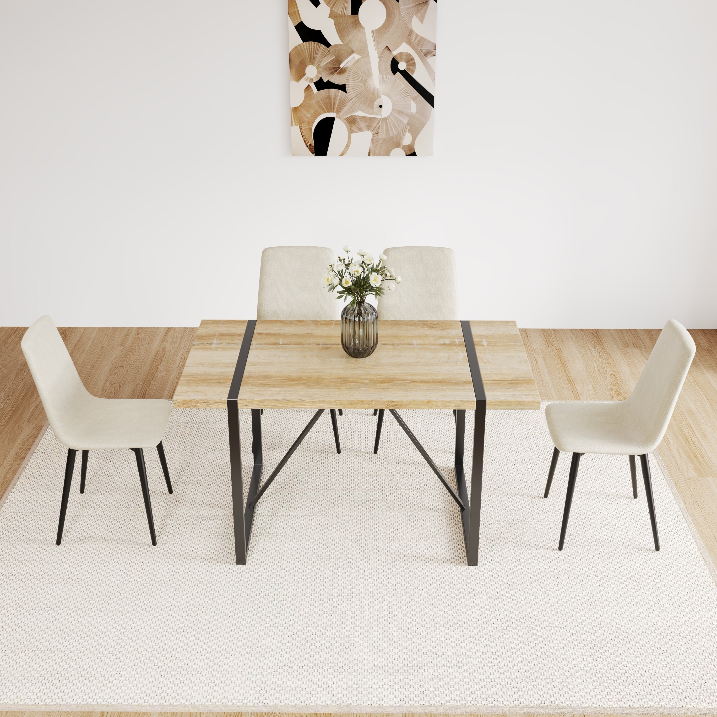 Set of 4 Modern Kitchen Dining Room Chairs, Cushion Seat and Sturdy Black Metal Legs - Beige
