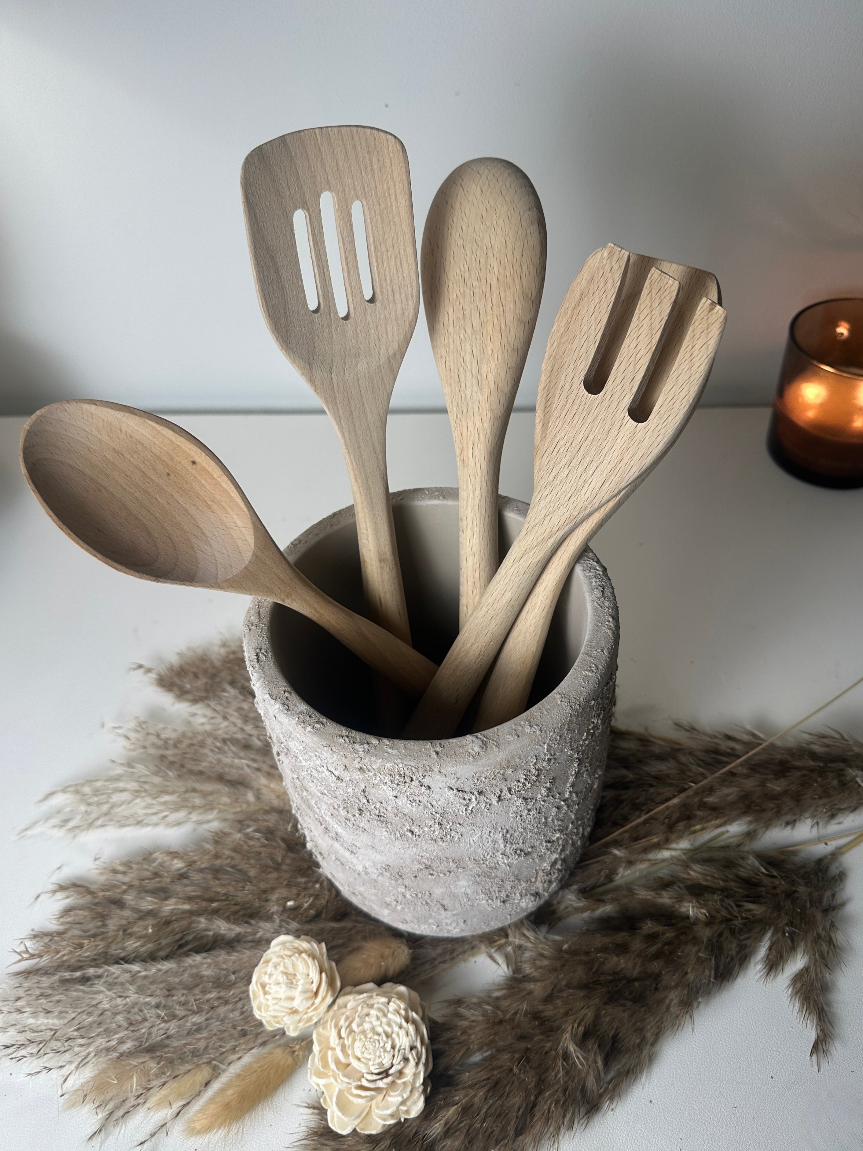 Utensil Spoon Kitchen Decor Pot Hand-Painted Textured 7" tall - Beige Wash