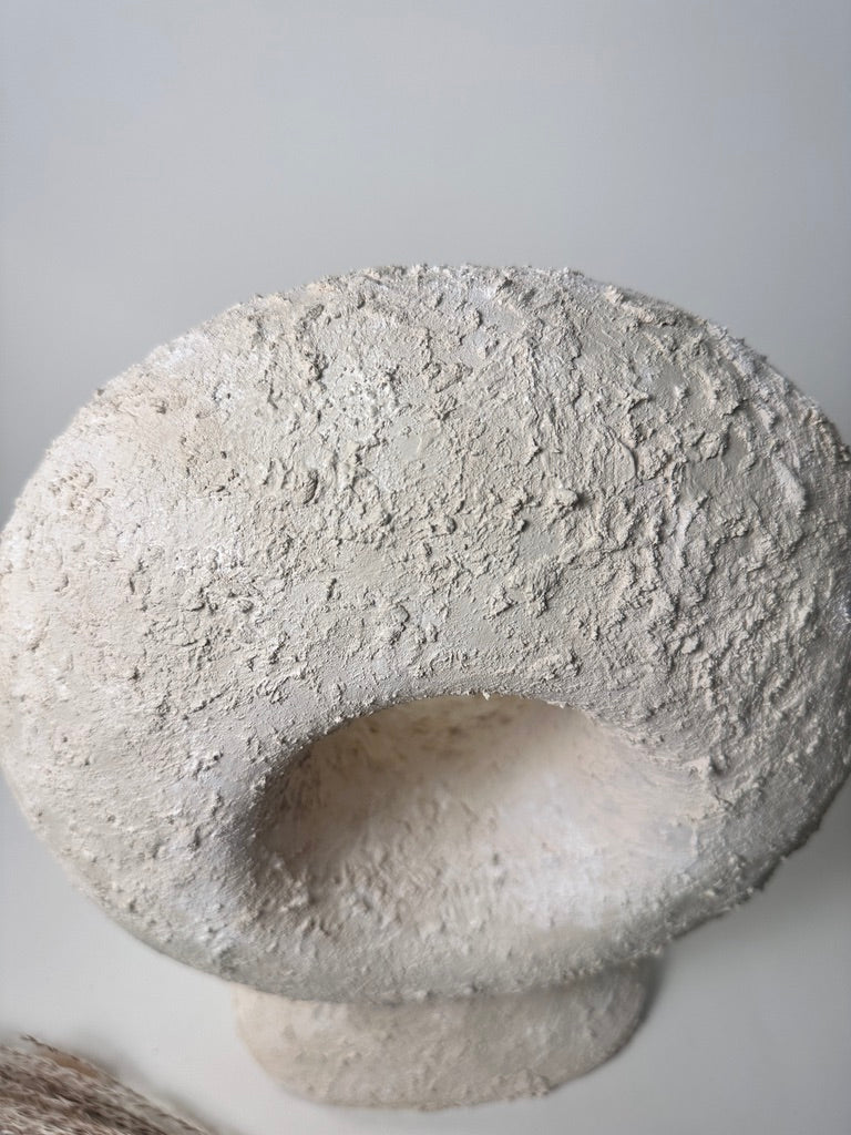 Abstract Minimalist Sculpture Made of Organic Stone, White Donut-Shaped Textured 13" - Cream