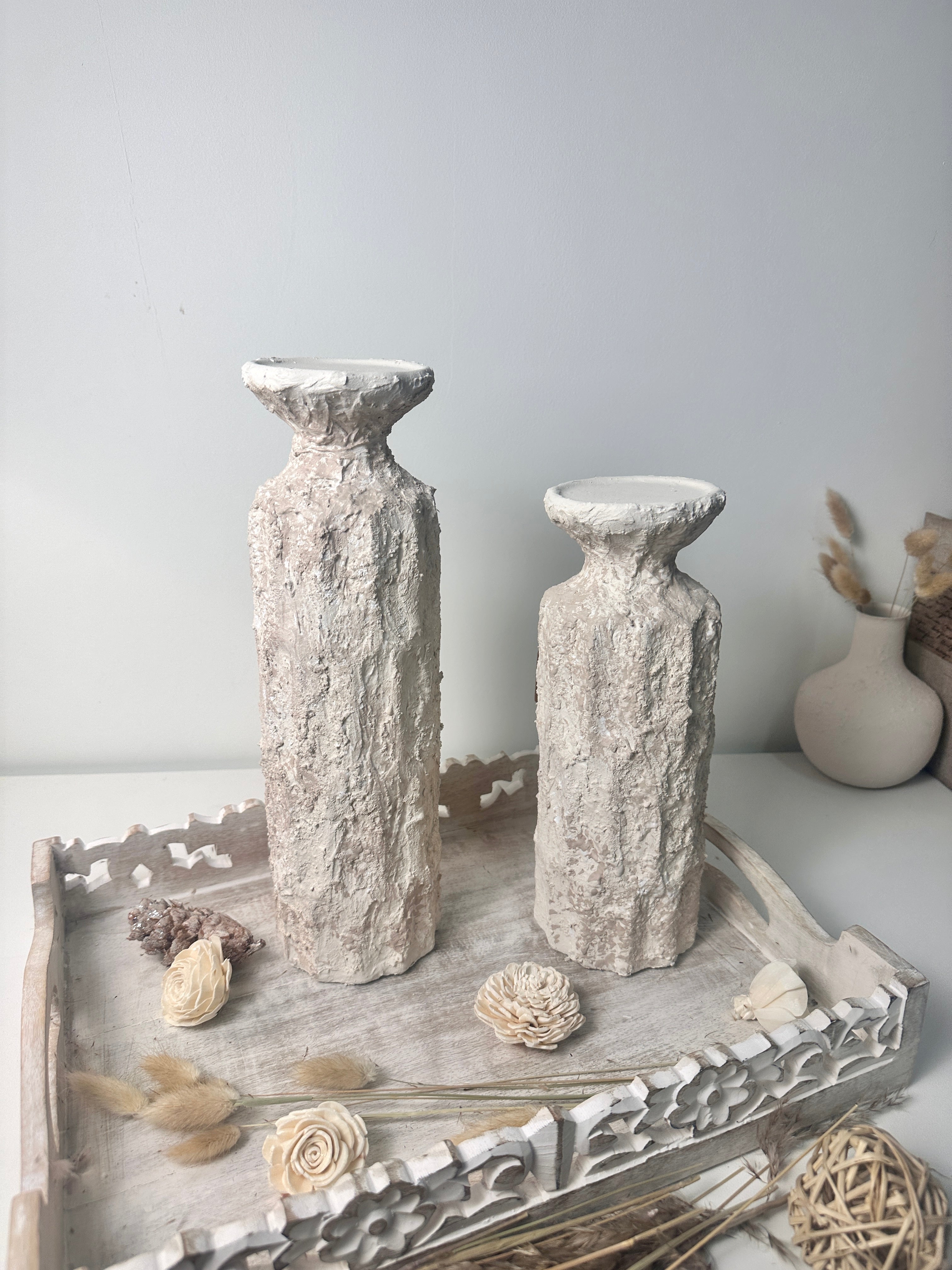Minimalist Set of 2 Candle Holders Textured Hand-Painted - Cream Sand (10.5x4x4", 13x4x4")