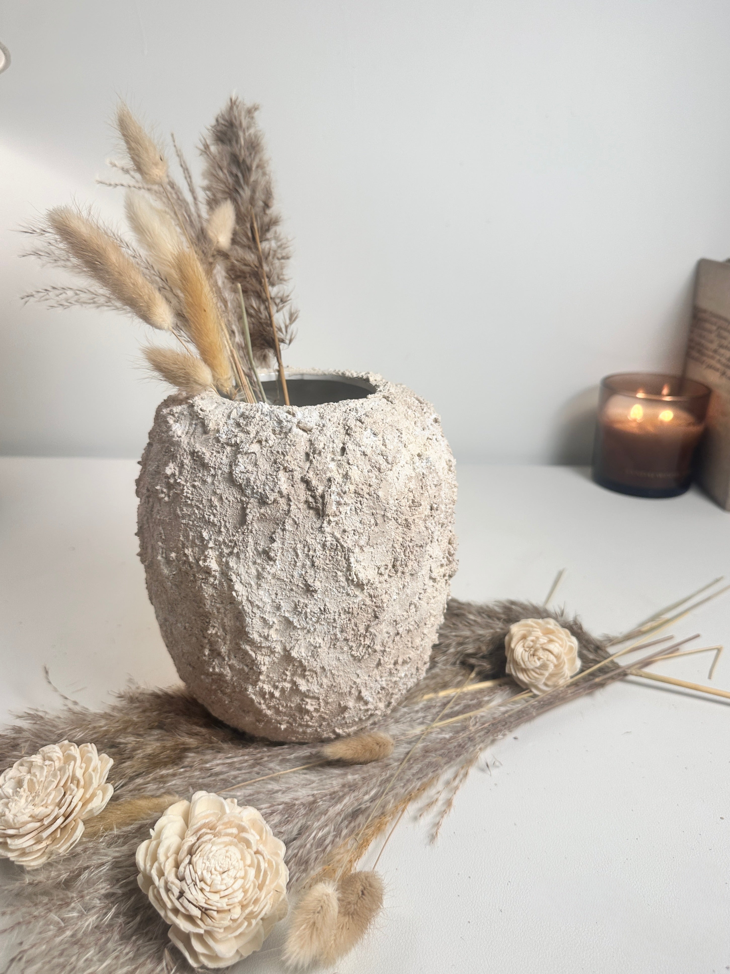 Minimalist Hand-Painted Textured Ceramic Round Vase 7" tall - cream sand wash