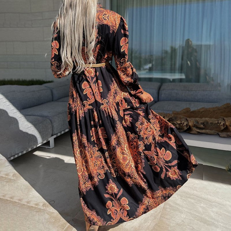 Women's Bohemian Flowy Maxi Dress - Charming V-Neck With Bell Sleeves, Bold Printed Pattern, Side Slit Design