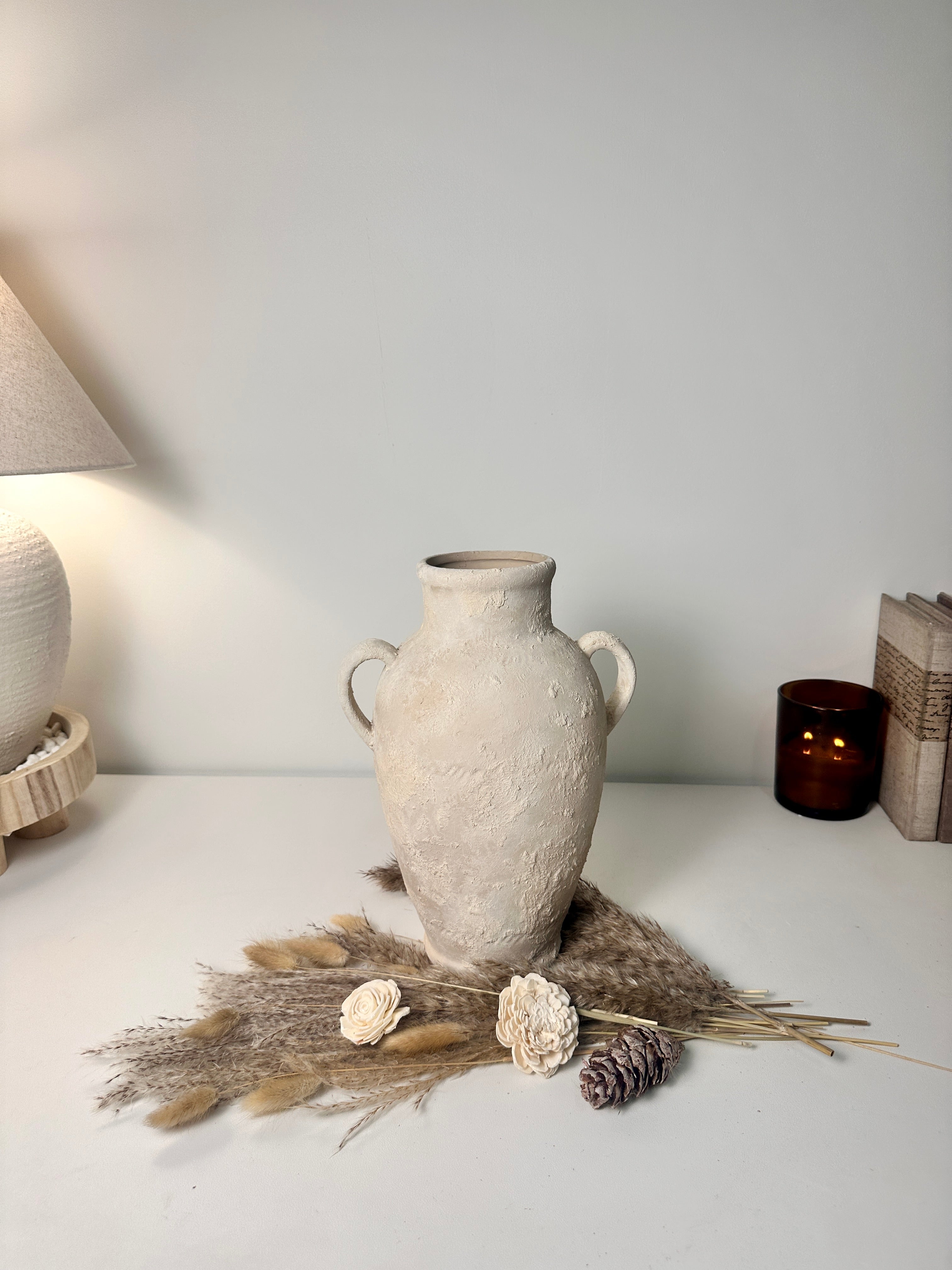 Minimalist Textured Hand-painted Ceramic Vase 12" tall - cream sand/off-white