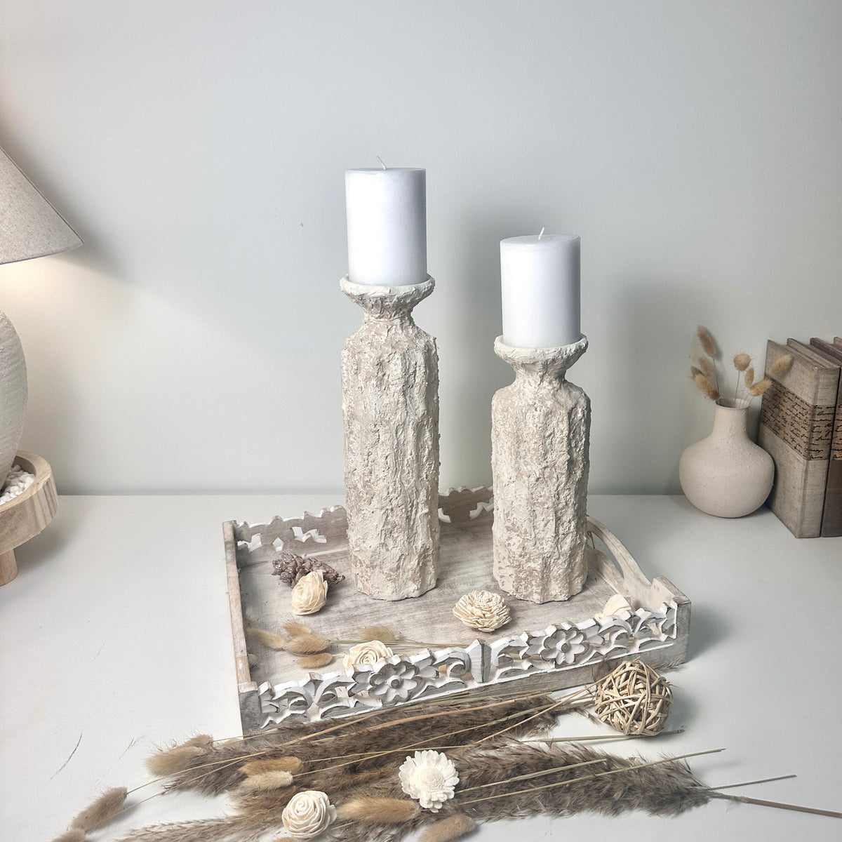 Minimalist Set of 2 Candle Holders Textured Hand-Painted - Cream Sand (10.5x4x4", 13x4x4")