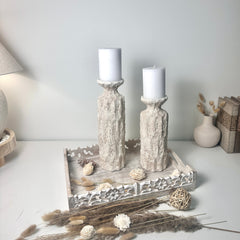 Minimalist Set of 2 Candle Holders Textured Hand-Painted - Cream Sand (10.5x4x4", 13x4x4")