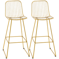 Set of 2 Gold Modern Bar Stools, Metal Wire Bar Height 30" with Back and Footrest