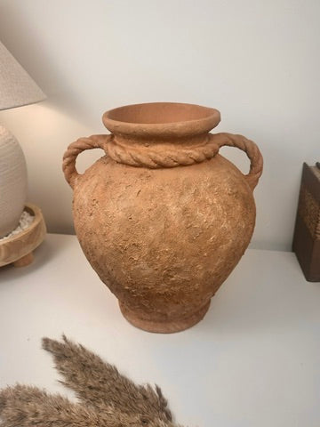 Stunning Roman Style Ceramic Vase Textured and Hand-Painted 15" tall - Brown Terracotta Color