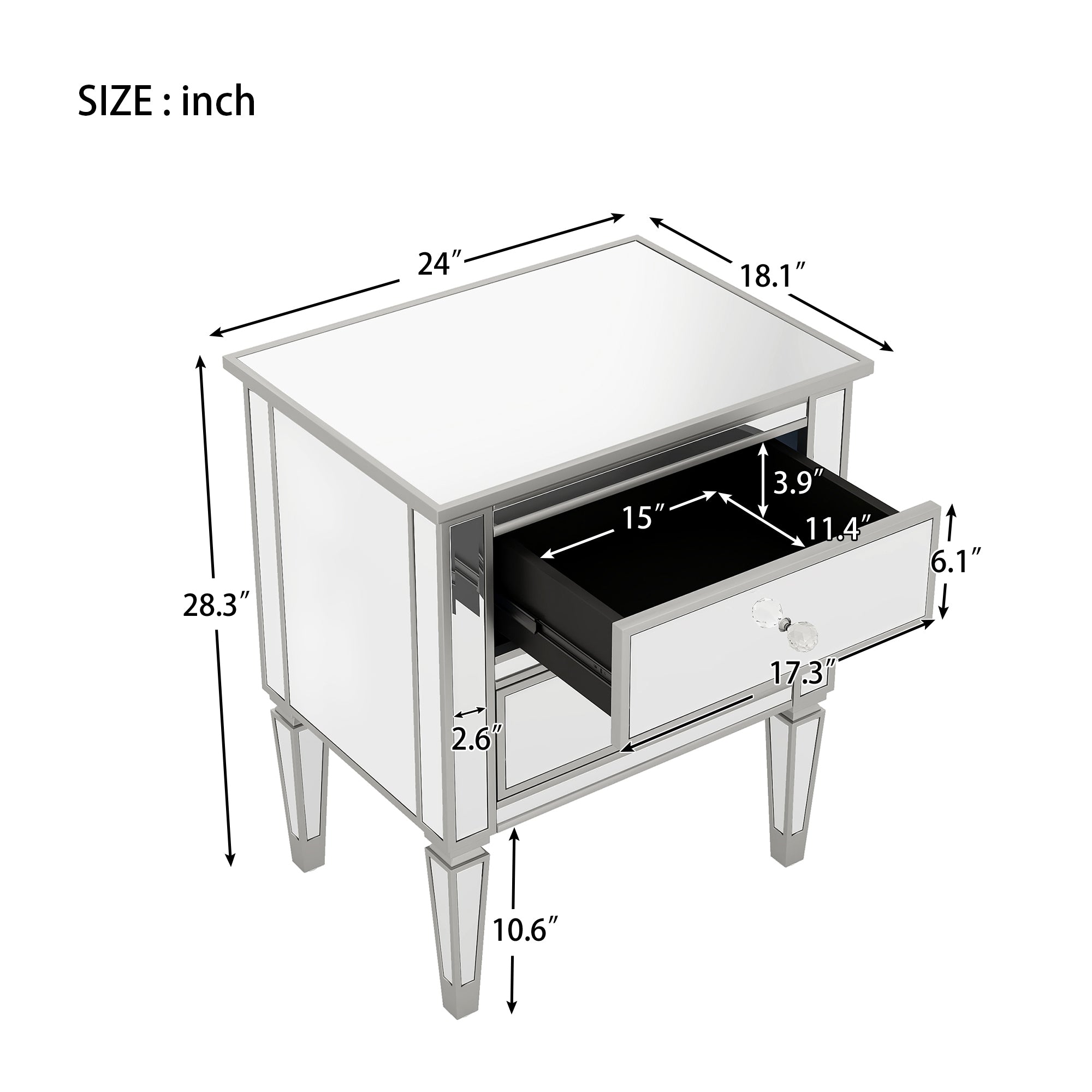 Elegant Mirrored Side Table with 2 Drawers, Modern Silver Finished