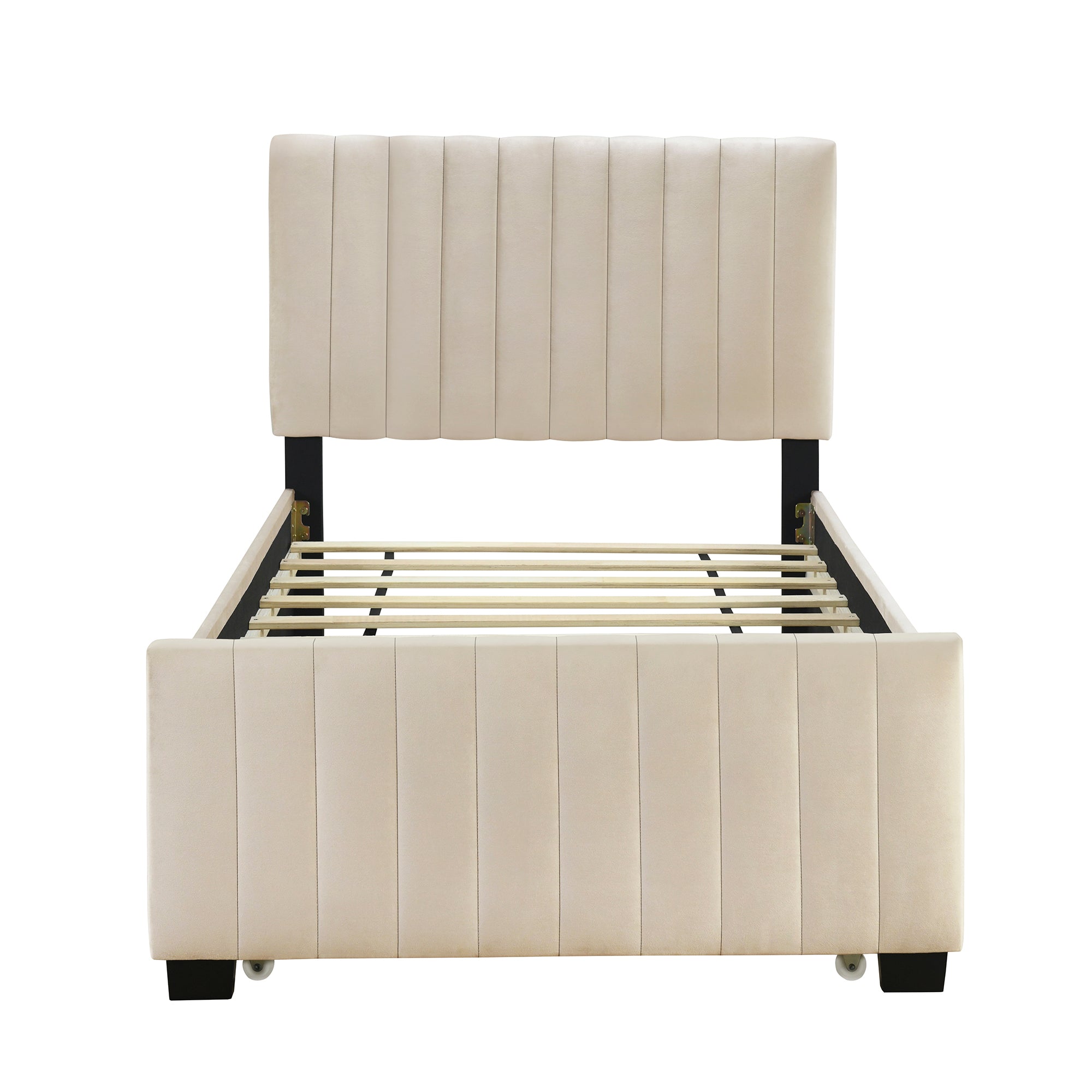 Twin Size Velvet Upholstered Platform Bed with Twin Size Trundle - Beige