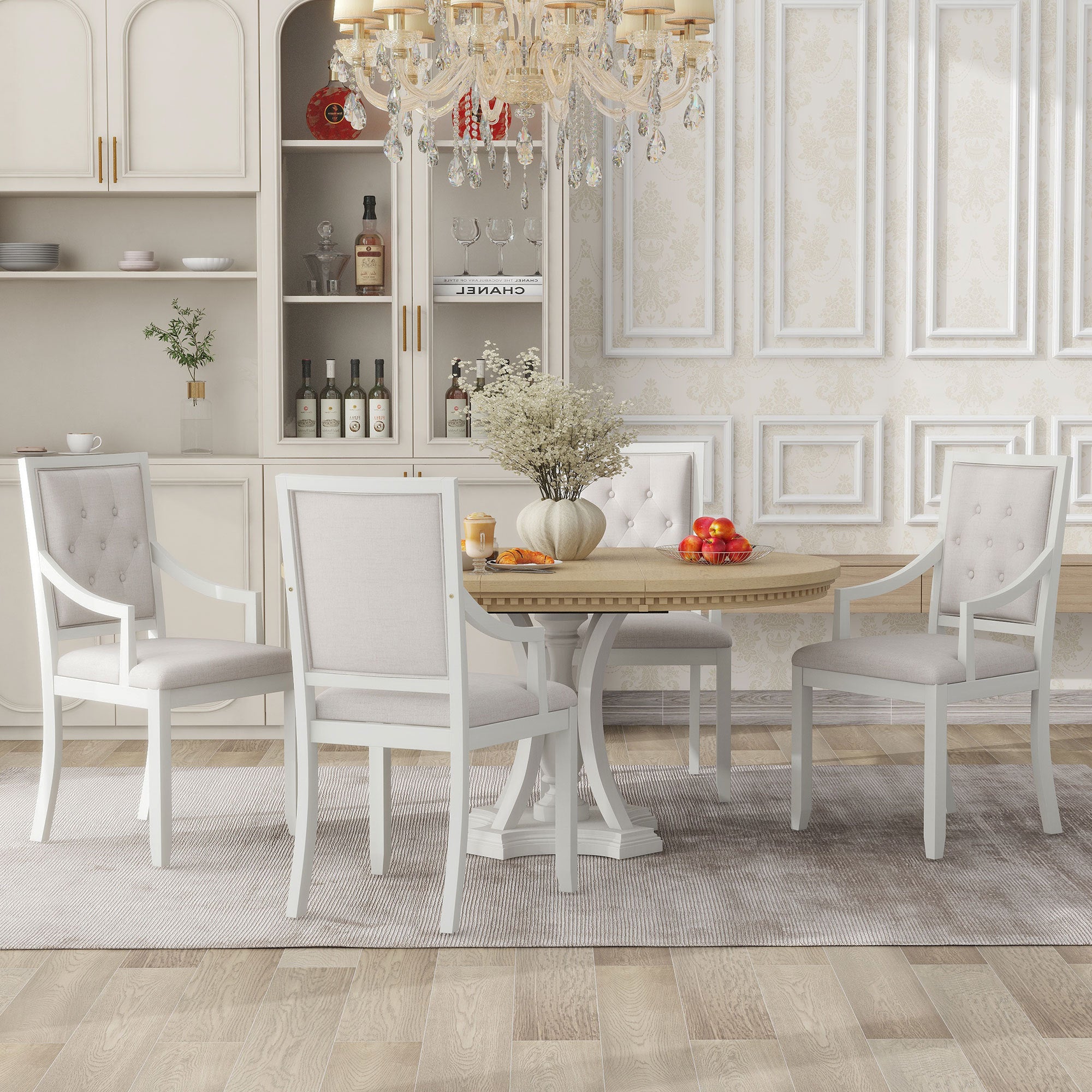 Retro 5-piece Dining Set Extendable Round Table and 4 Chairs - Oak Natural Wood + Antique White