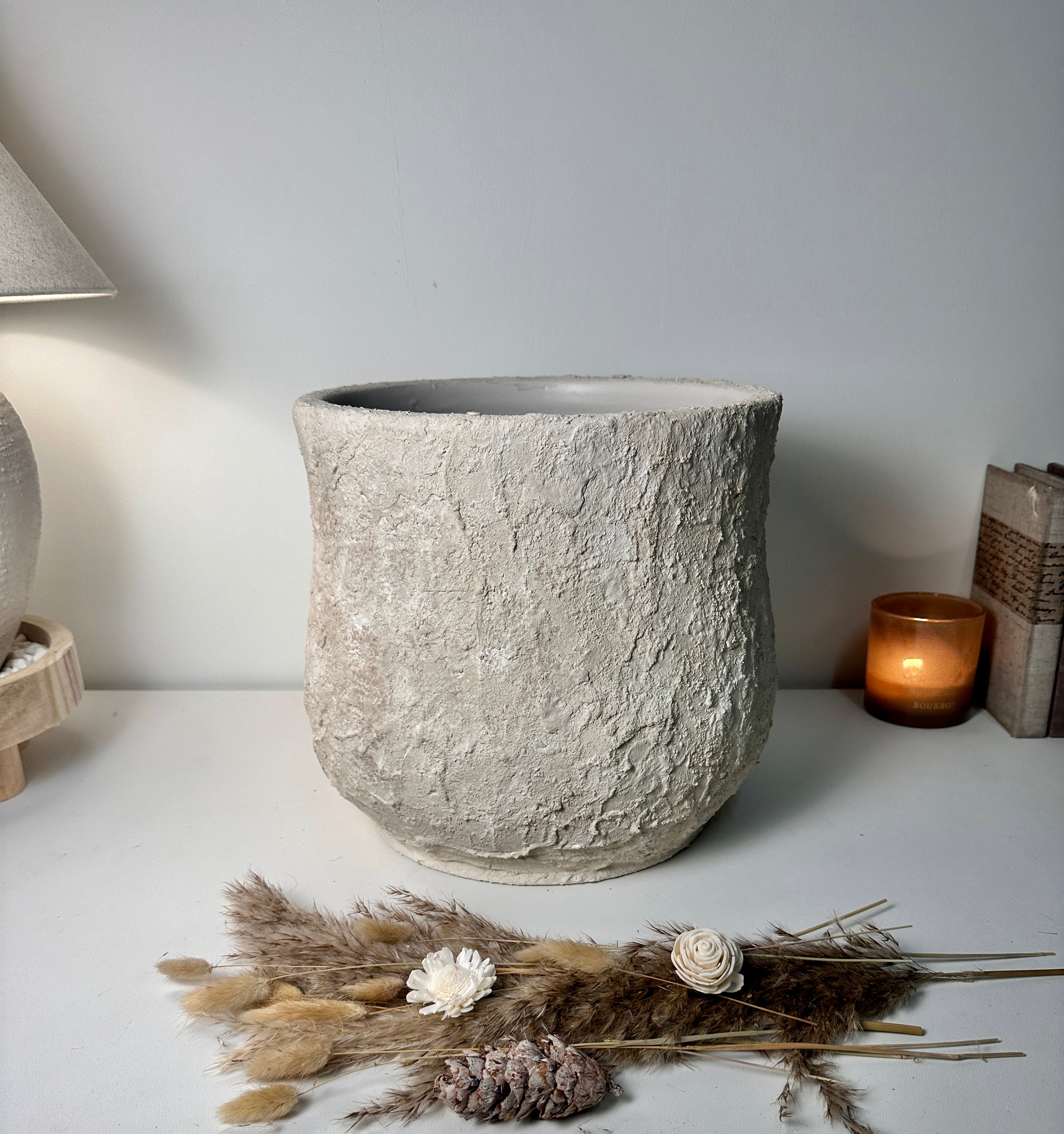 Minimalist Hand-Painted & Textured Planter Pot 12" tall with drainage hole one time creation - Cream Linen wash