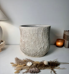 Minimalist Hand-Painted & Textured Planter Pot 12" tall with drainage hole one time creation - Cream Linen wash