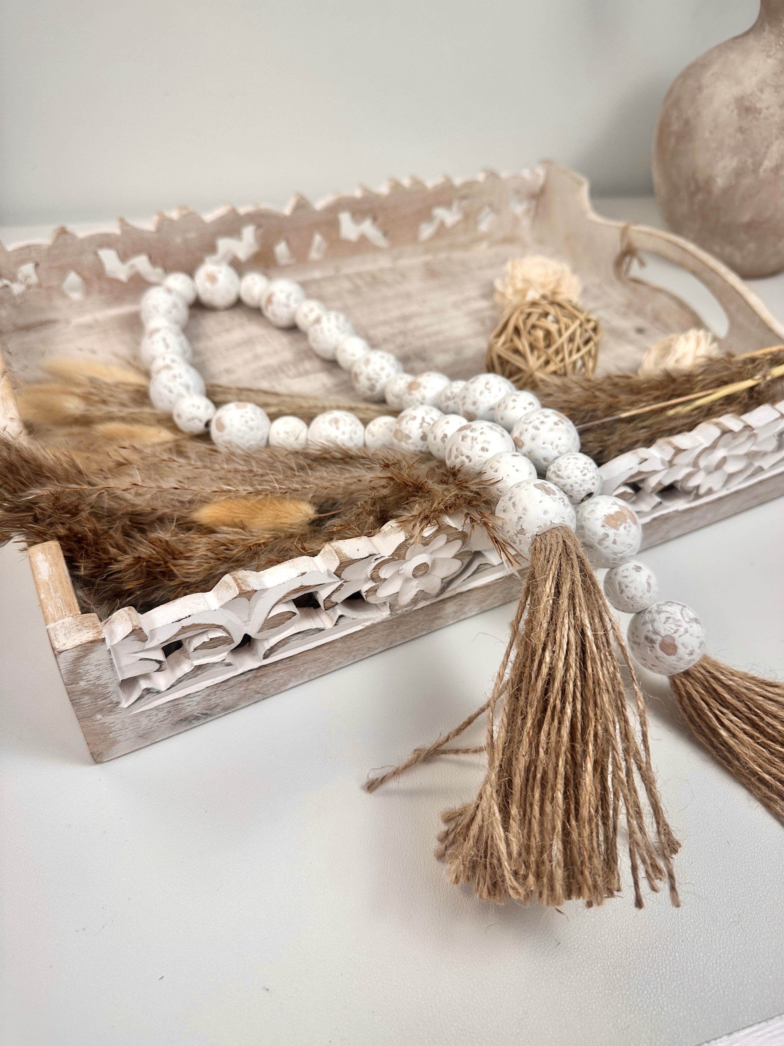 Set of 2 Boho Paulownia Bowl Tray 7"tall Ivory Sand + Wood Bead Garland