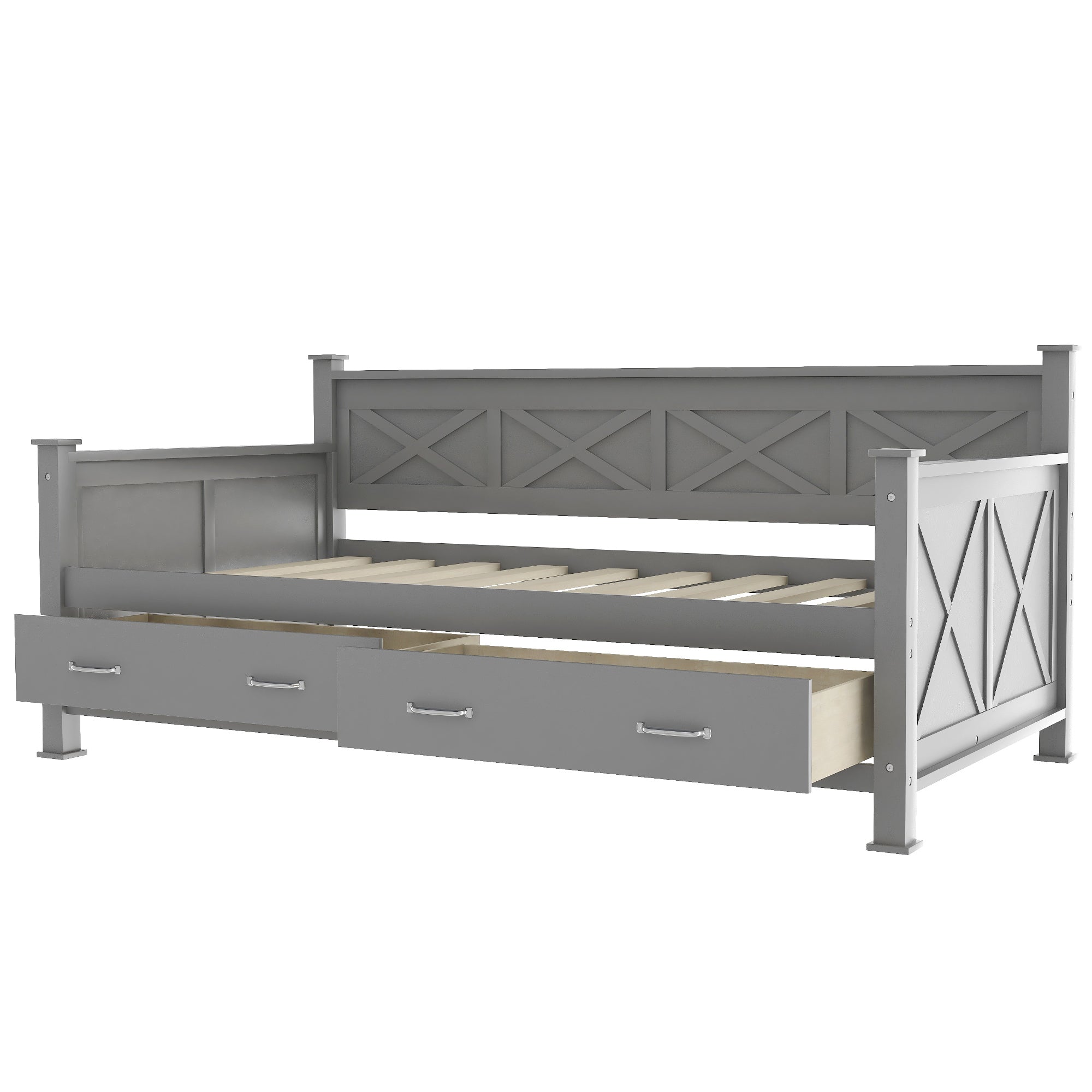 Twin Size Daybed with 2 Large Drawers, X-shaped Frame, Modern and Rustic Casual Style - Grey
