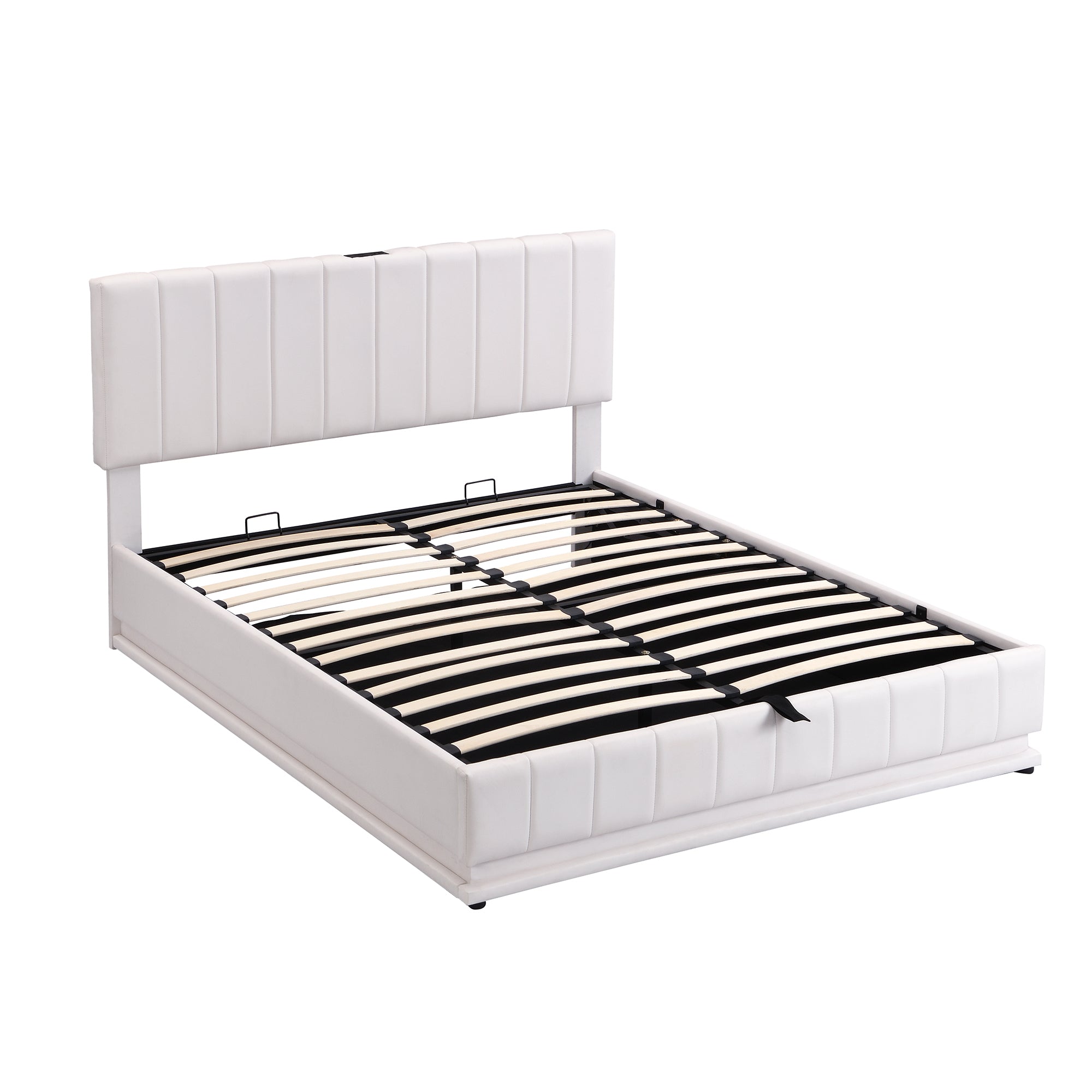 Queen Size Upholstered Bed with Hydraulic Storage System and LED Light, Modern Platform Bed with Sockets and USB Ports - White