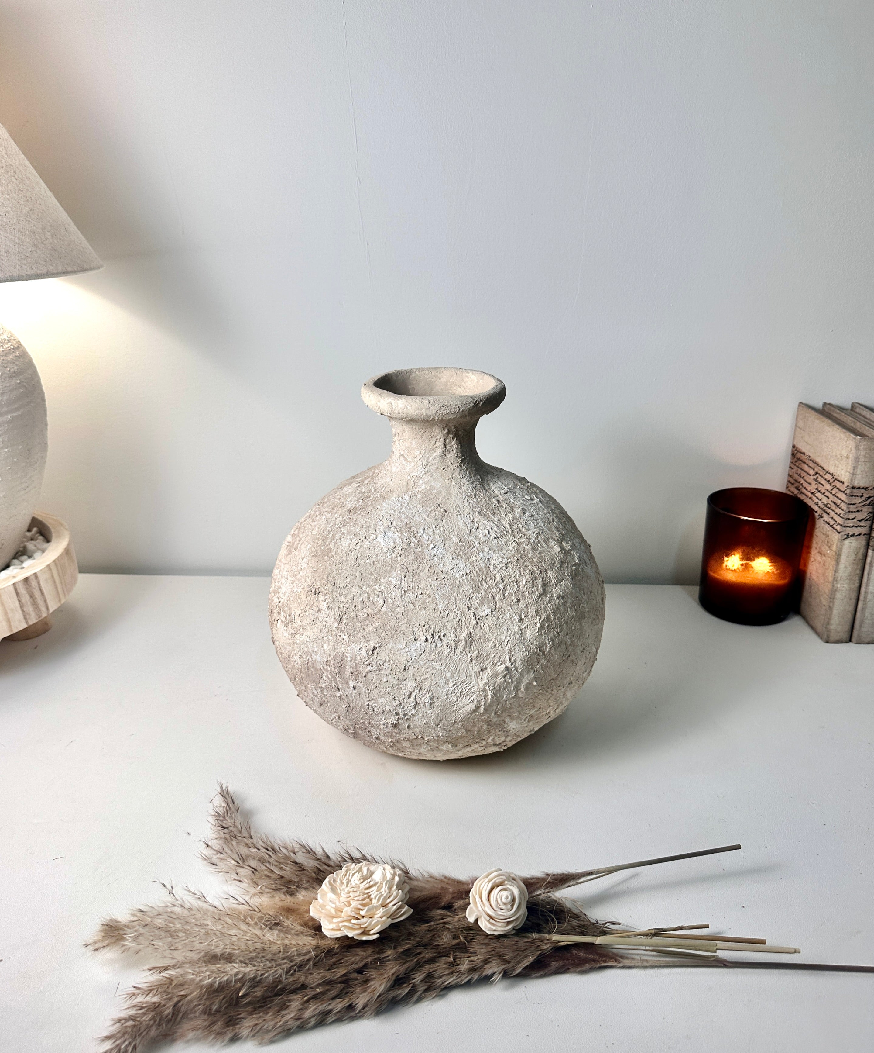 Rustic Hand-Painted Ceramic Round Bottle Vase 12" tall - Cream Sand Wash