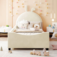 Twin Size Upholstered Daybed with Rabbit Ear Shaped Headboard - Beige