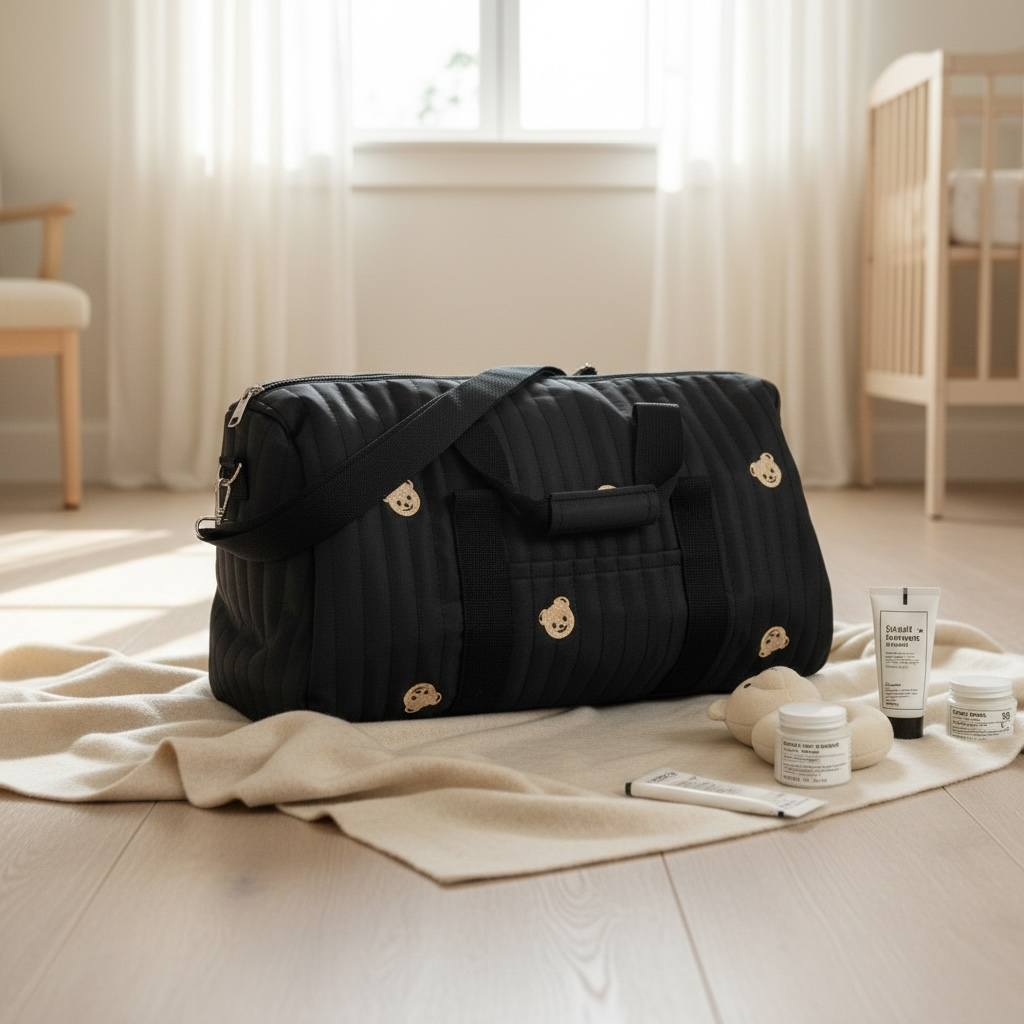 Cozy Quilted Baby Diaper Bag with Bear Pattern, Large Capacity Travel Tote 18“Lx6”Wx12“H