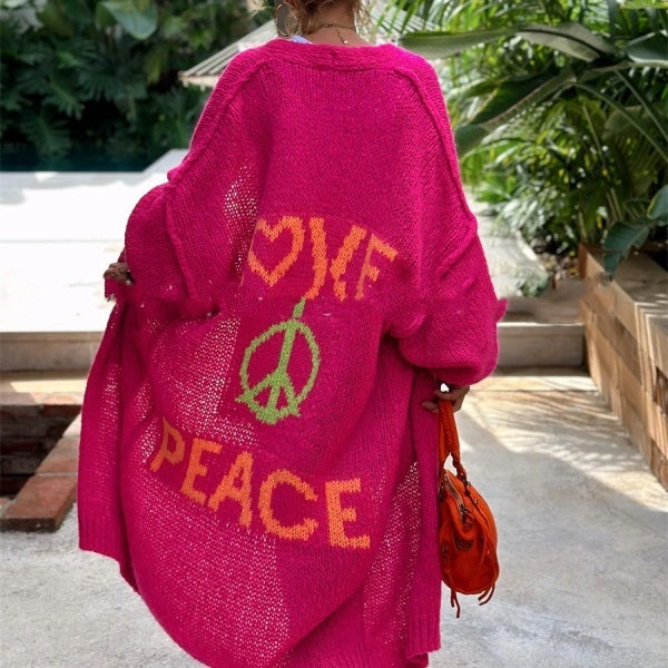 Women's Love Peace Graphic Oversized Cardigan Long Sleeve